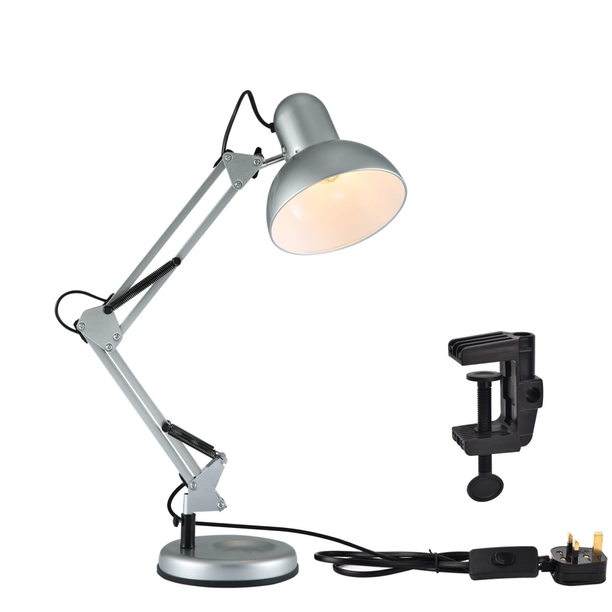Adjustable silver desk lamp with flexible arm and a black clamp for attaching to a desk or table.