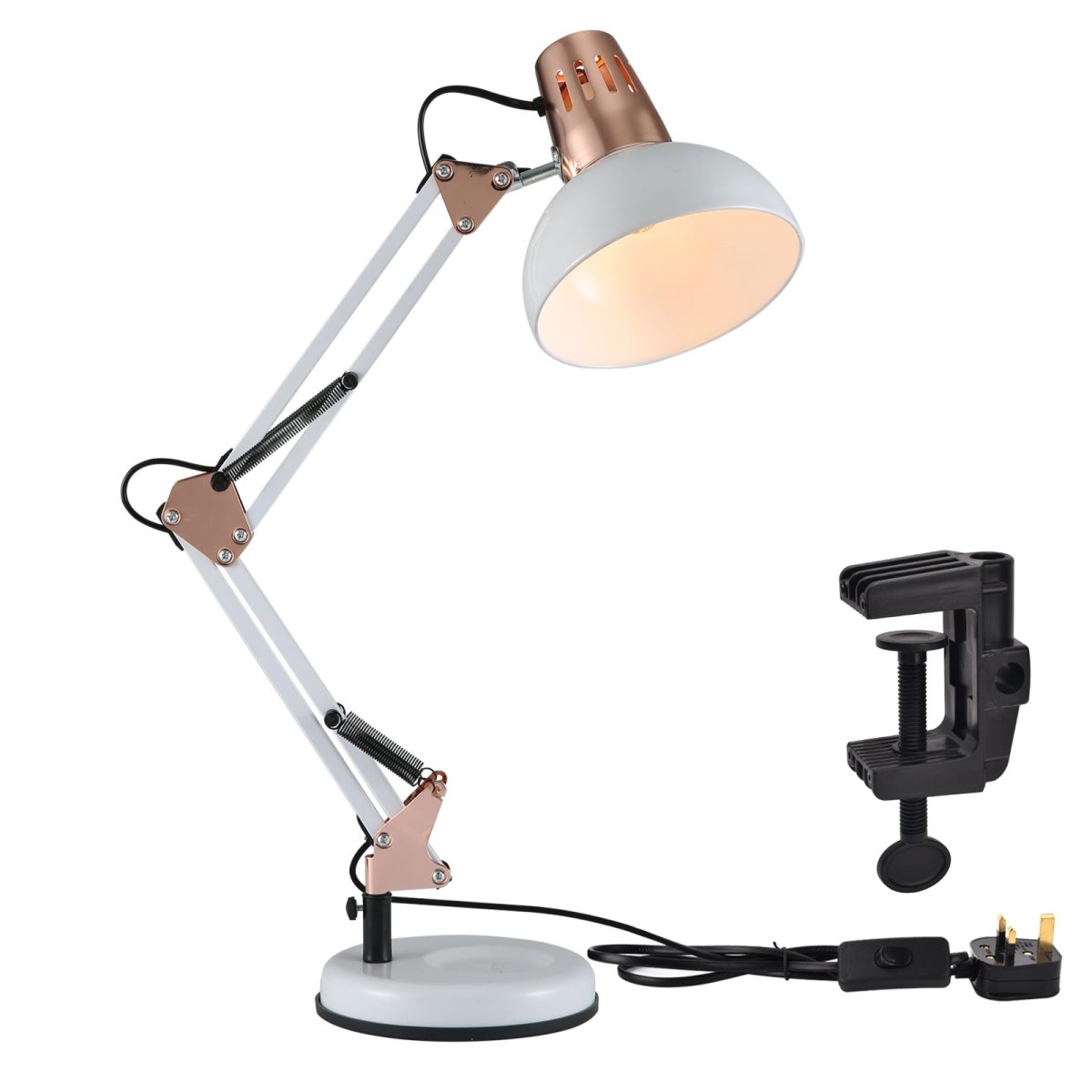 A white and copper desk lamp with a black clamp attachment and UK plug, casting a warm glow.