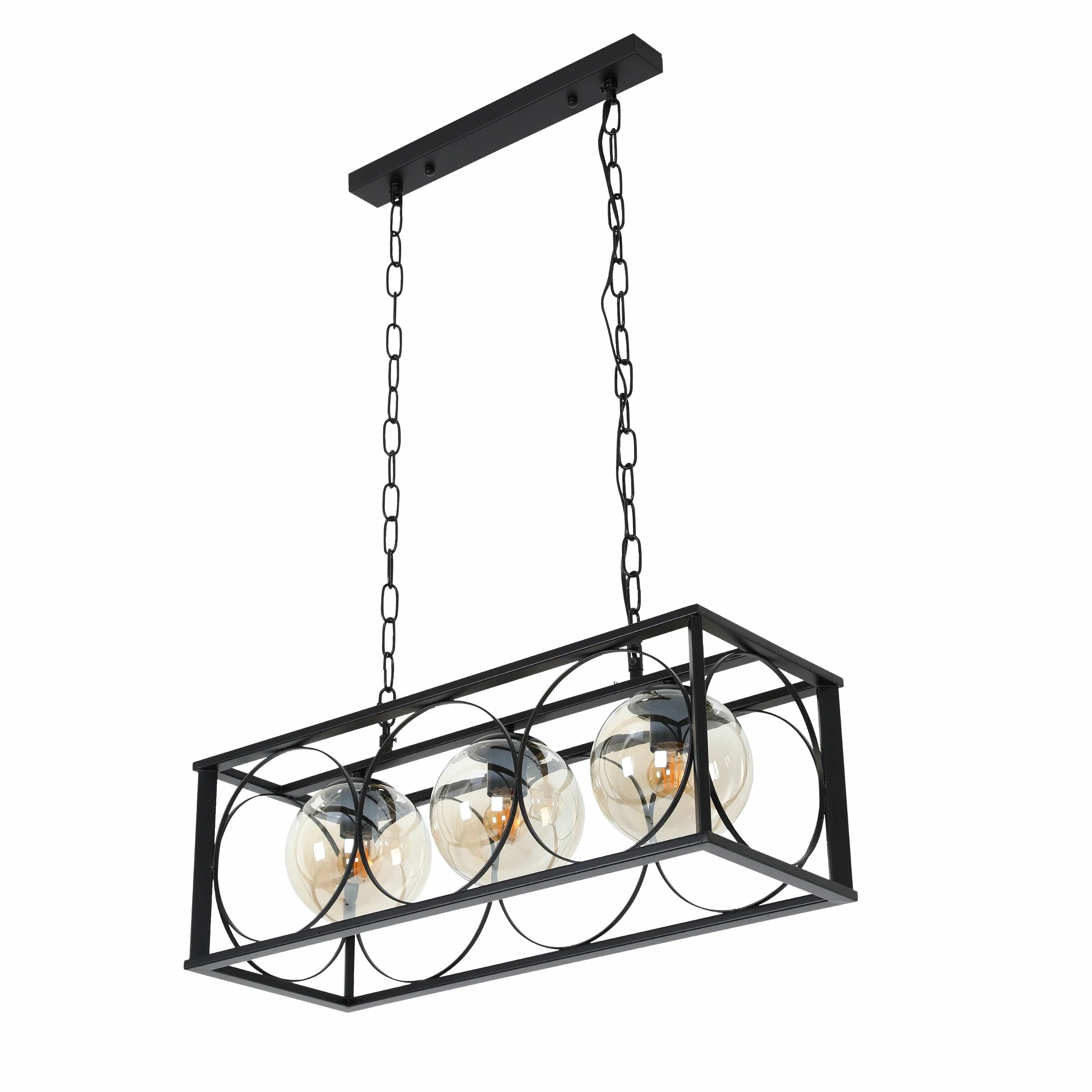 Black Cuboid Metal Amber Globe Glass Island Chandelier Ceiling Light 3xE27