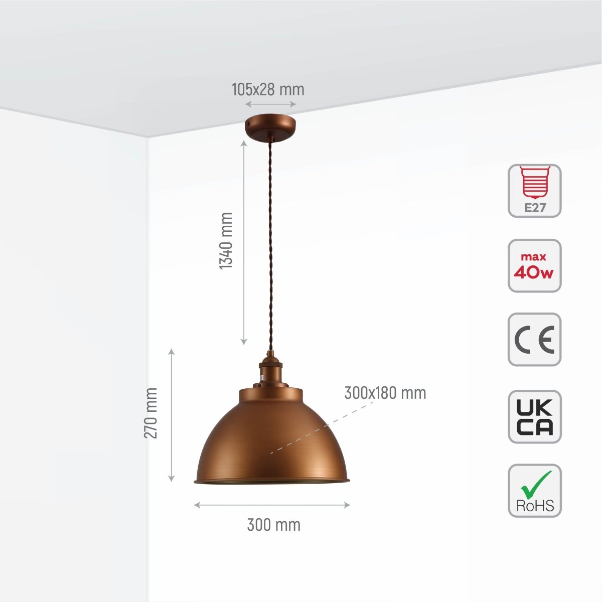 Size and specs of Brooklyn Vintage Metal Dome Pendant Light Pewter Copper Bronze E27 | TEKLED 150-18209