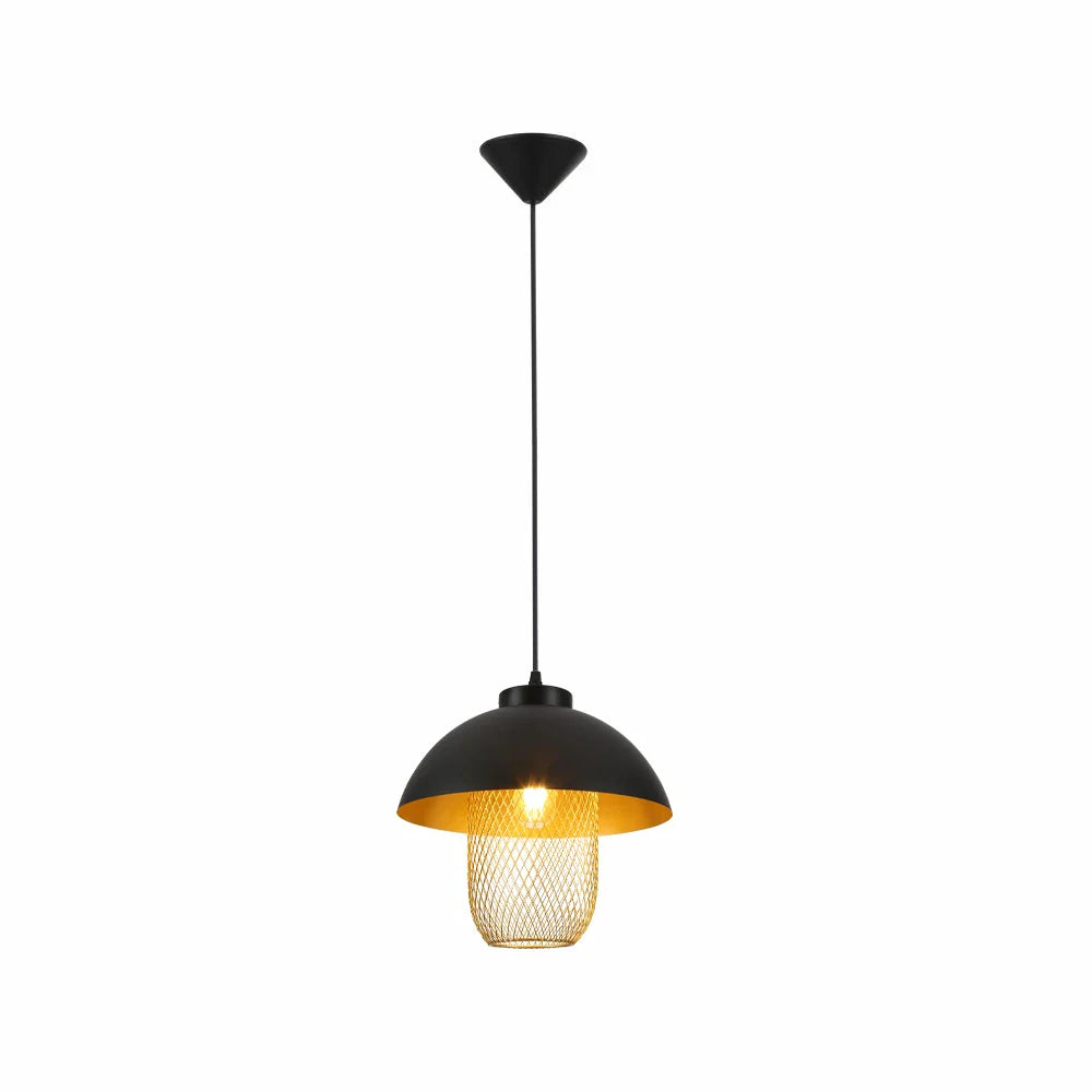 Matte Gold Caged Shade with Black Dome Top Pendat Ceiling Light E27 Fitting