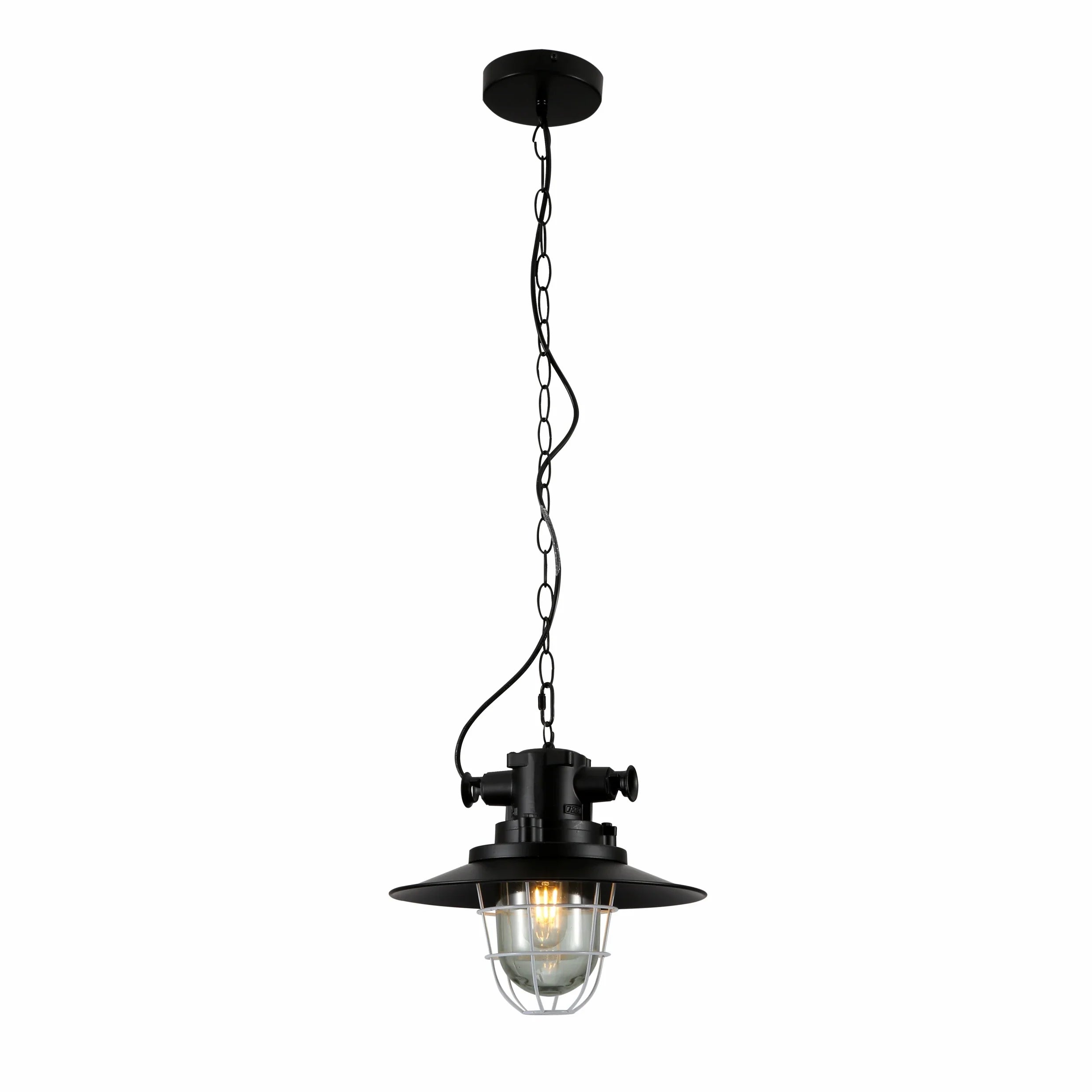Black Nautical Industrial Caged Flat Shade Glass Metal Ceiling Pendant Light E27 Fitting