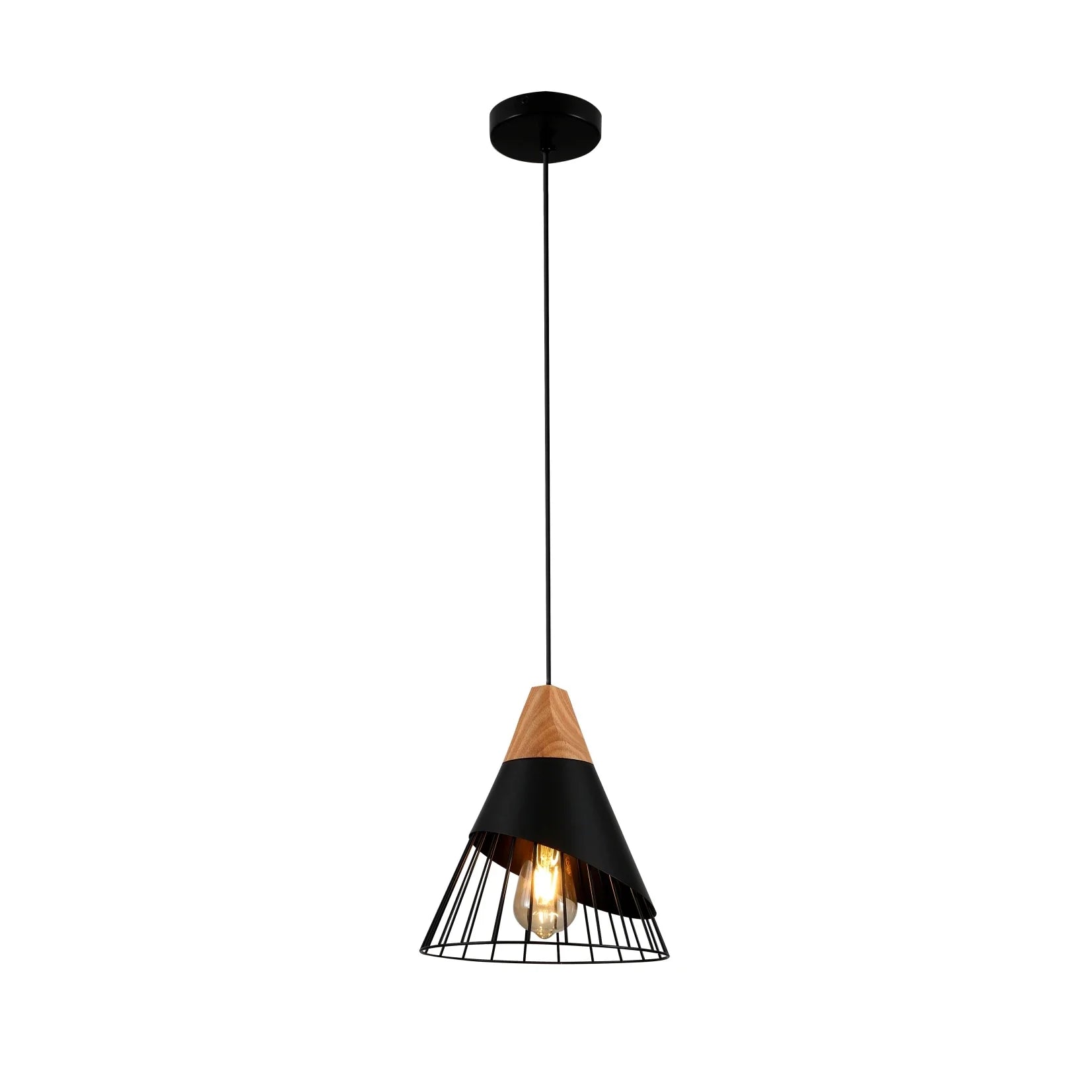 Black Wood Funnel Cone Caged Shuttlecock Nordic Metal Ceiling Pendant Light E27 Fitting