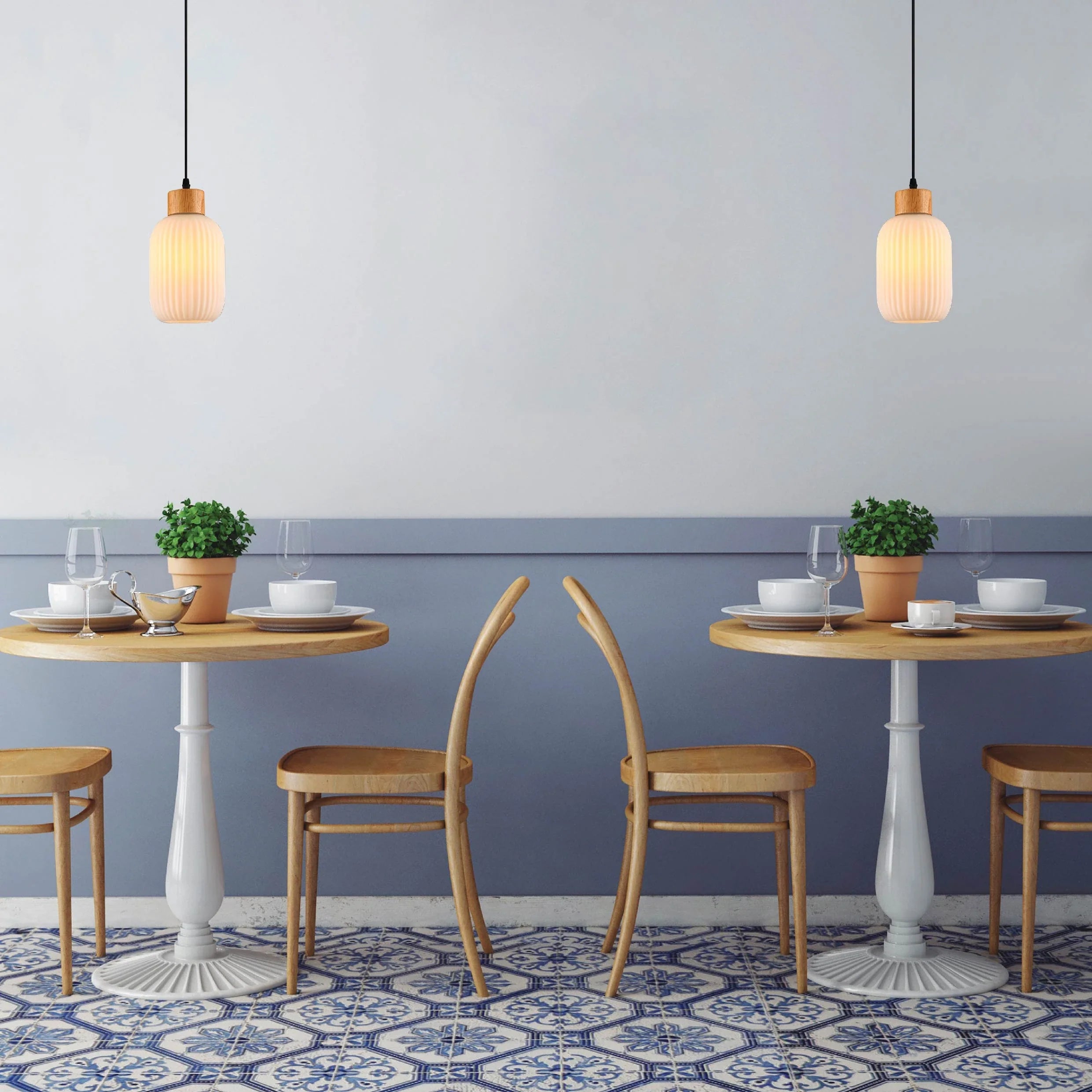 Sawyer Ribbed Fluted Reeded Maloto Lantern Opal Glass Pendant Ceiling Light E27 Wood Top