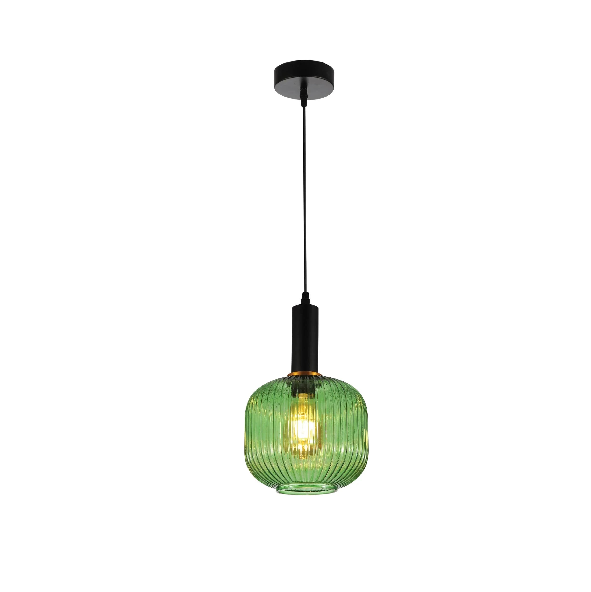 Sawyer Ribbed Fluted Reeded Maloto Lantern Green Glass Pendant Ceiling Light E27 Black Metal Top
