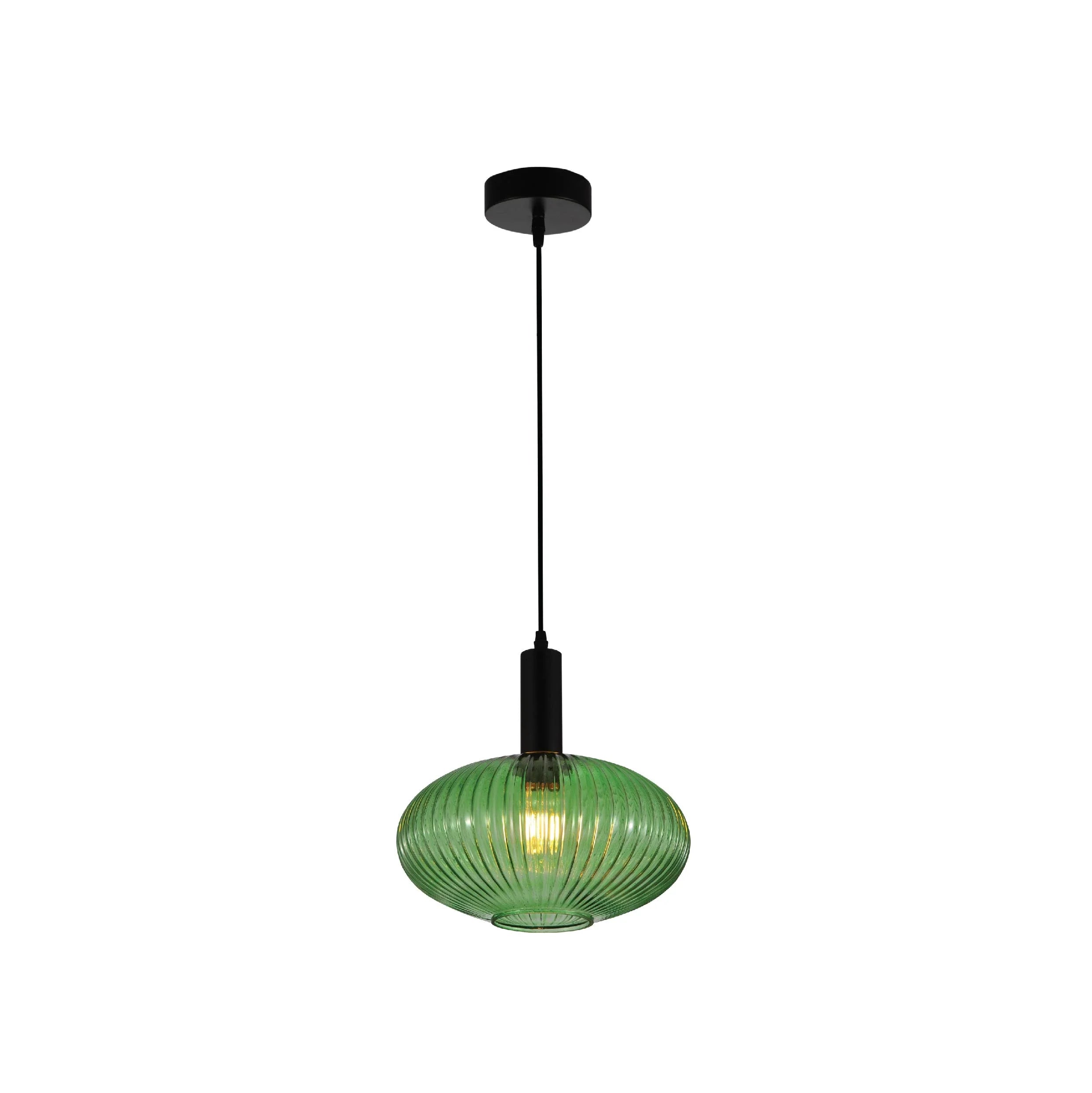Sawyer Ribbed Fluted Reeded Maloto Lantern Green Glass Pendant Ceiling Light E27 Black Metal Top