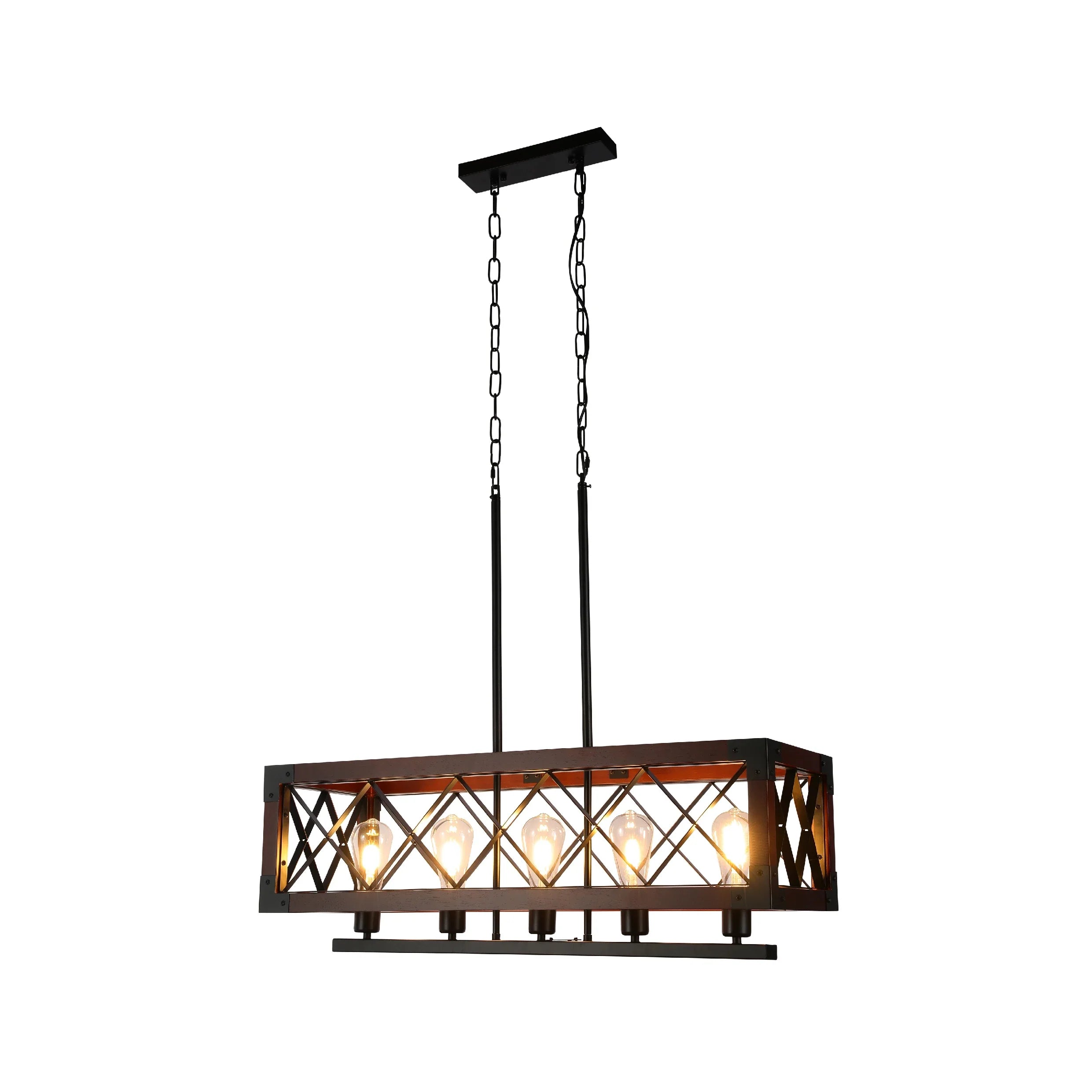 Rustic Rectangular Cage Chandelier - Wood Accent 5-Light