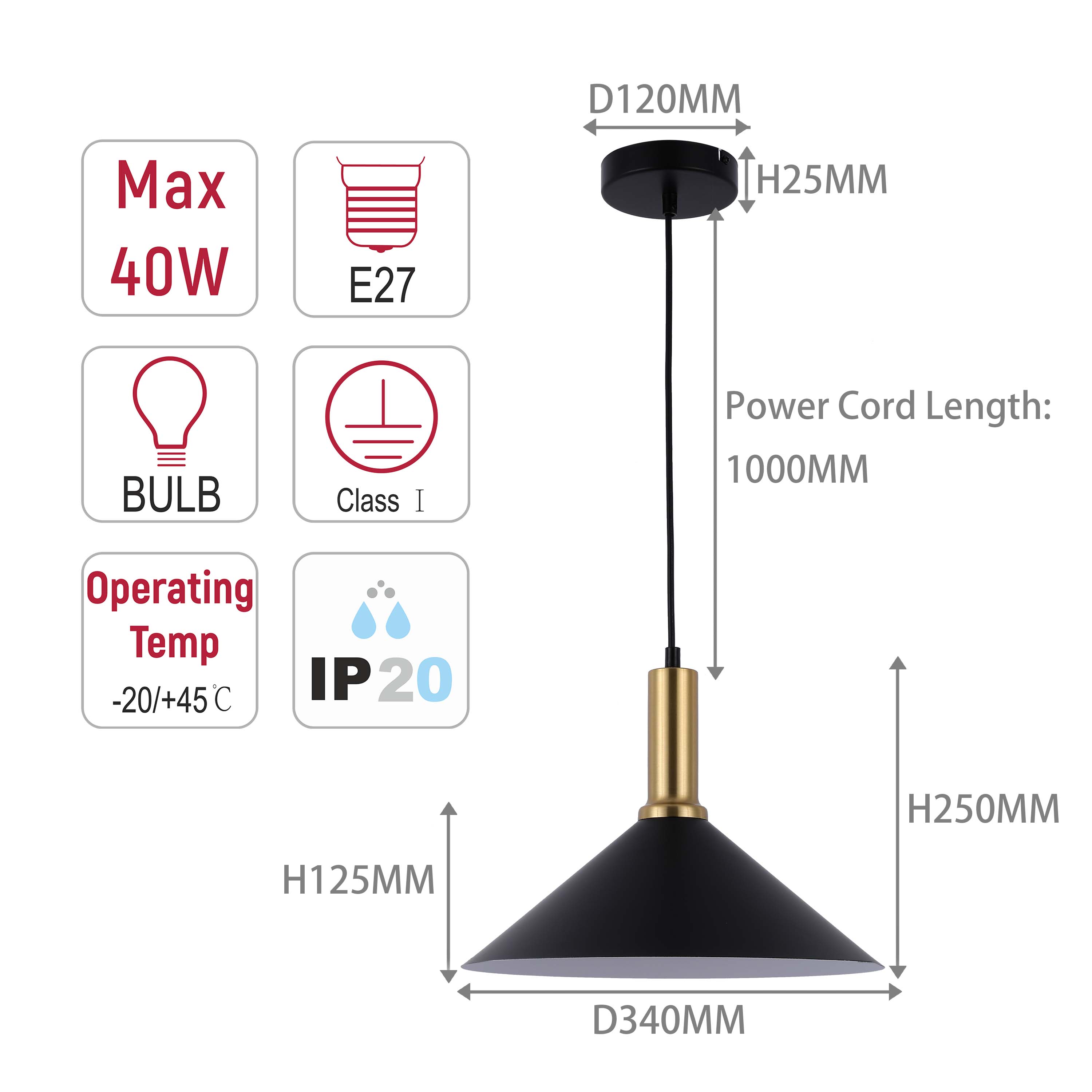 Modern Black Brass Ceiling Pendant Light, Adjustable Drop, E27