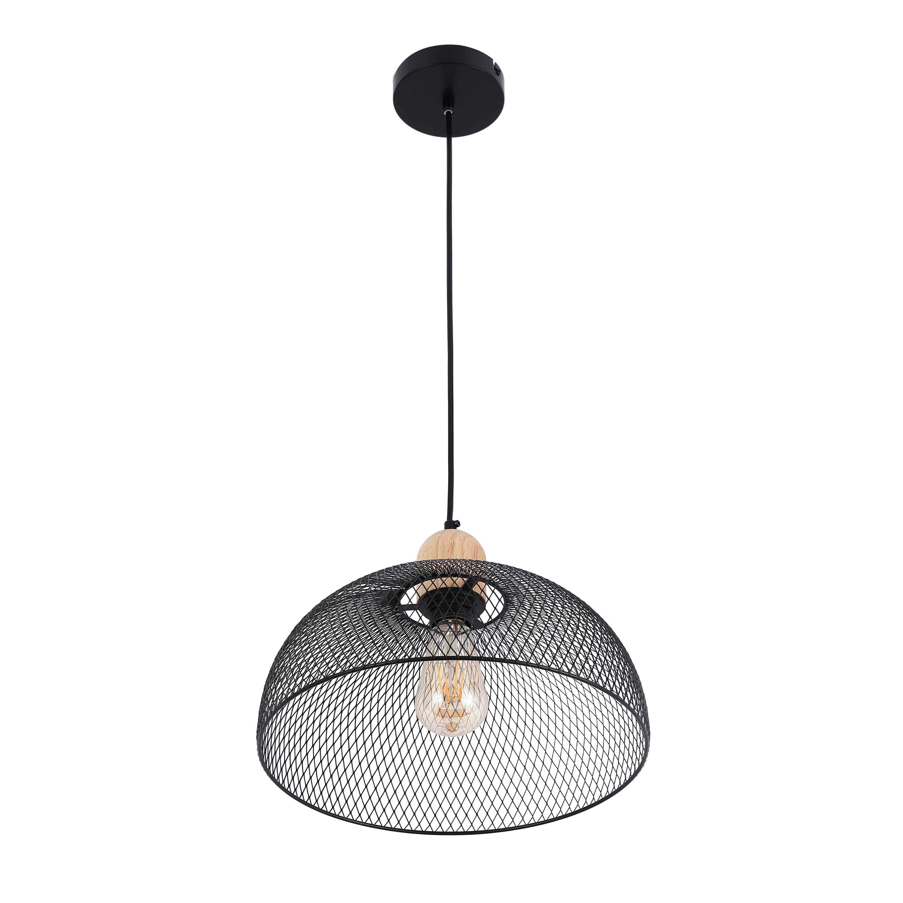 Industrial Black Wire Mesh Dome Pendant Light with Wood Accent, E27