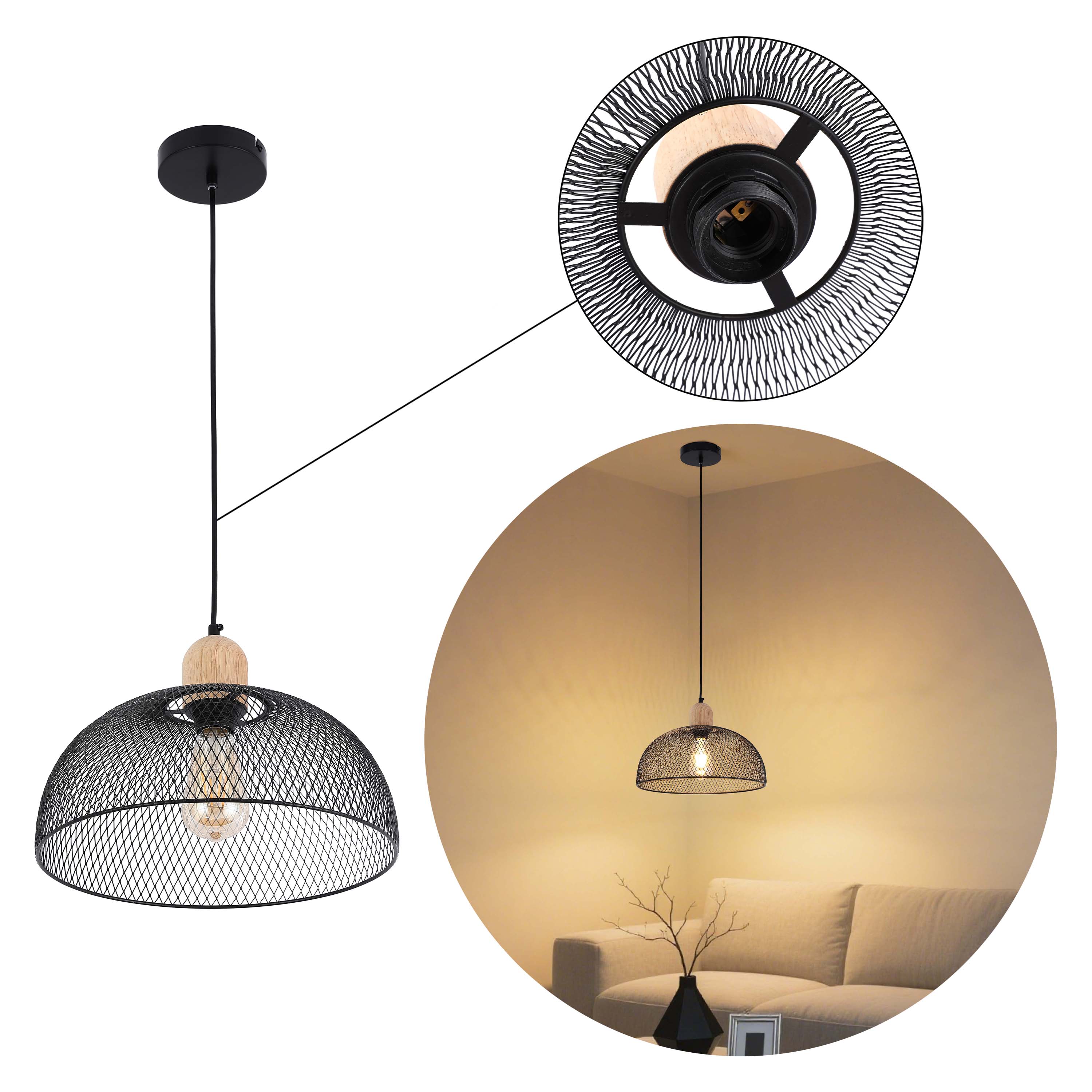 Industrial Black Wire Mesh Dome Pendant Light with Wood Accent, E27