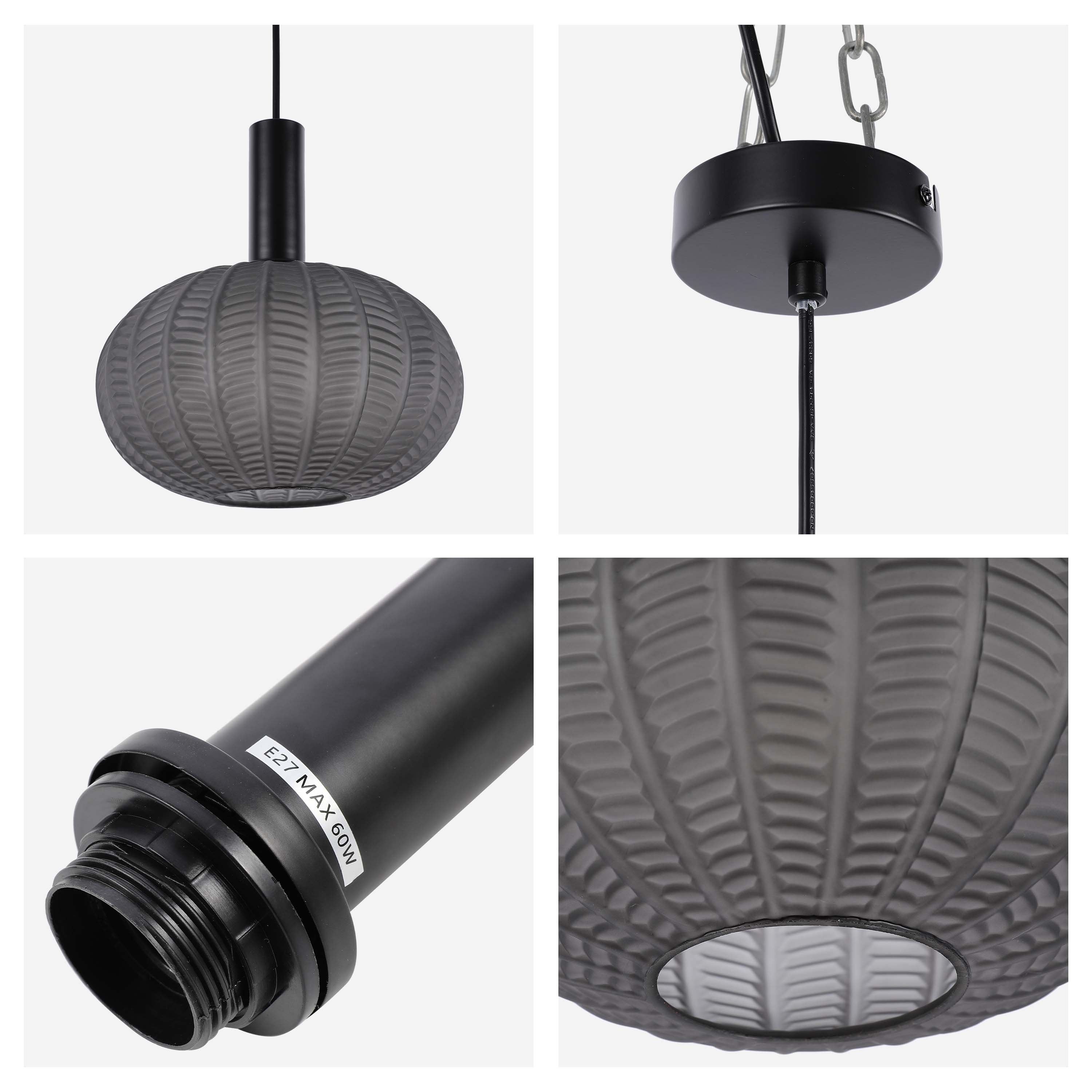 Modern Smoked Grey Textured Glass Pendant Light, E27 Dimmable