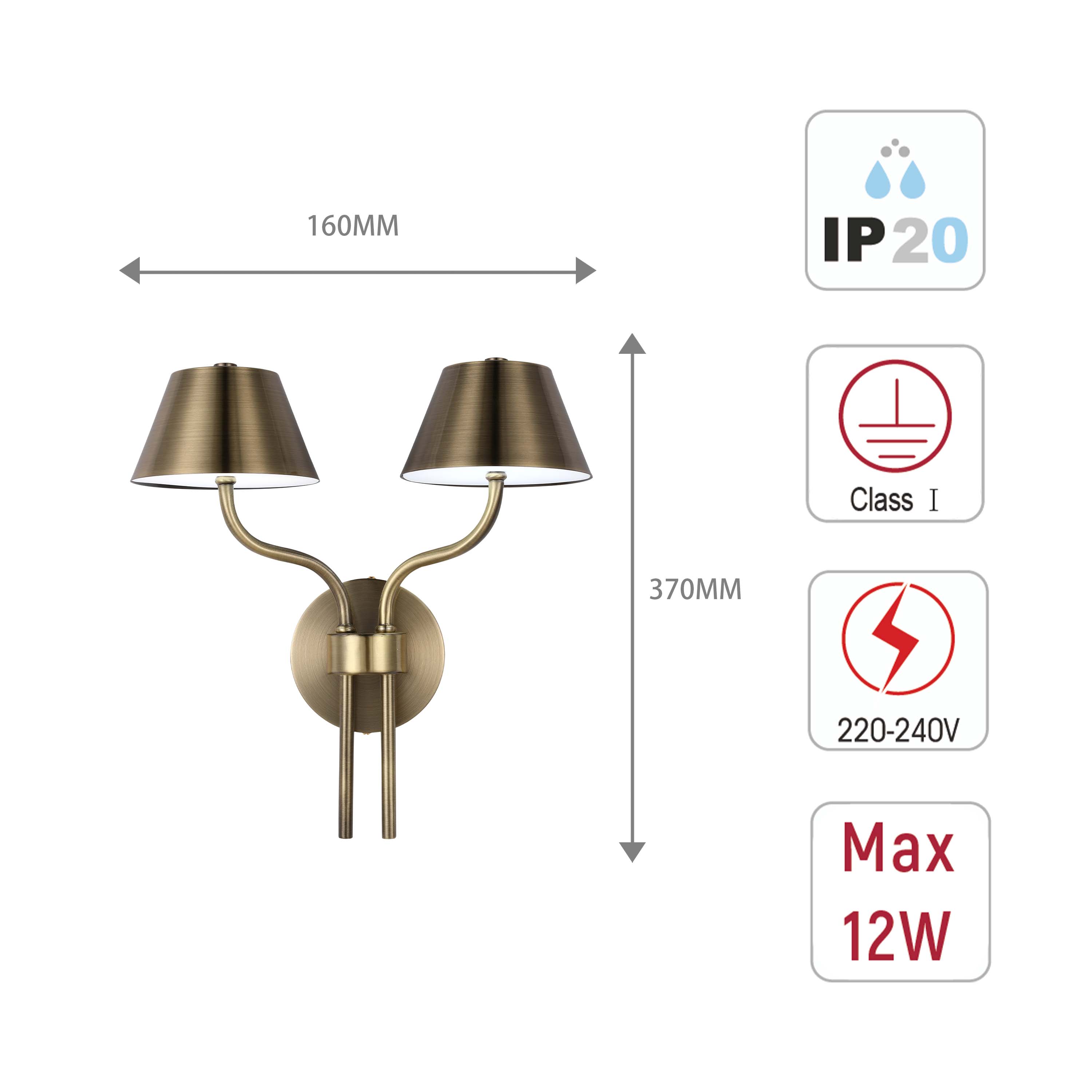 Classic Antique Brass Twin LED Wall Sconce, 12W 3CCT Selectable