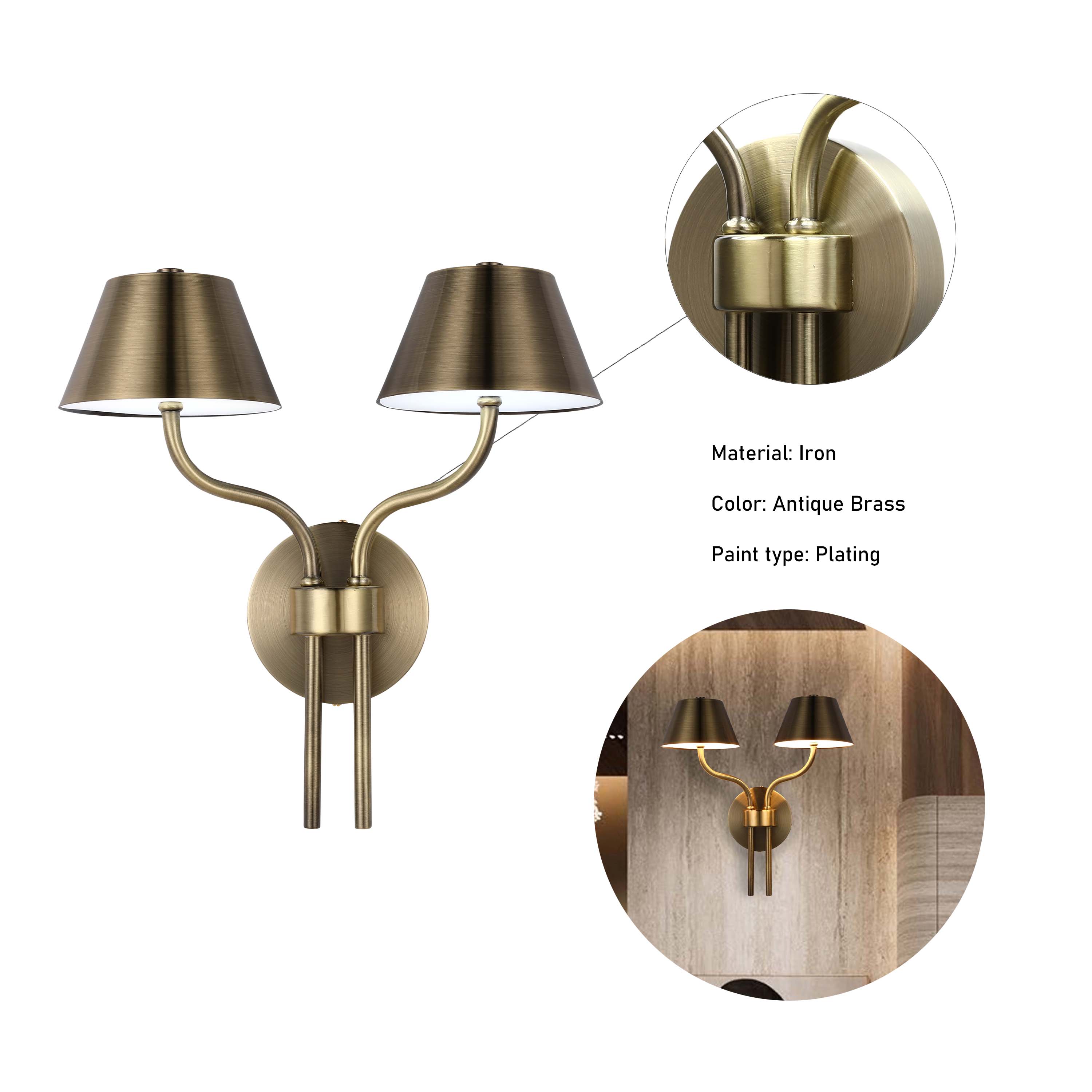Classic Antique Brass Twin LED Wall Sconce, 12W 3CCT Selectable