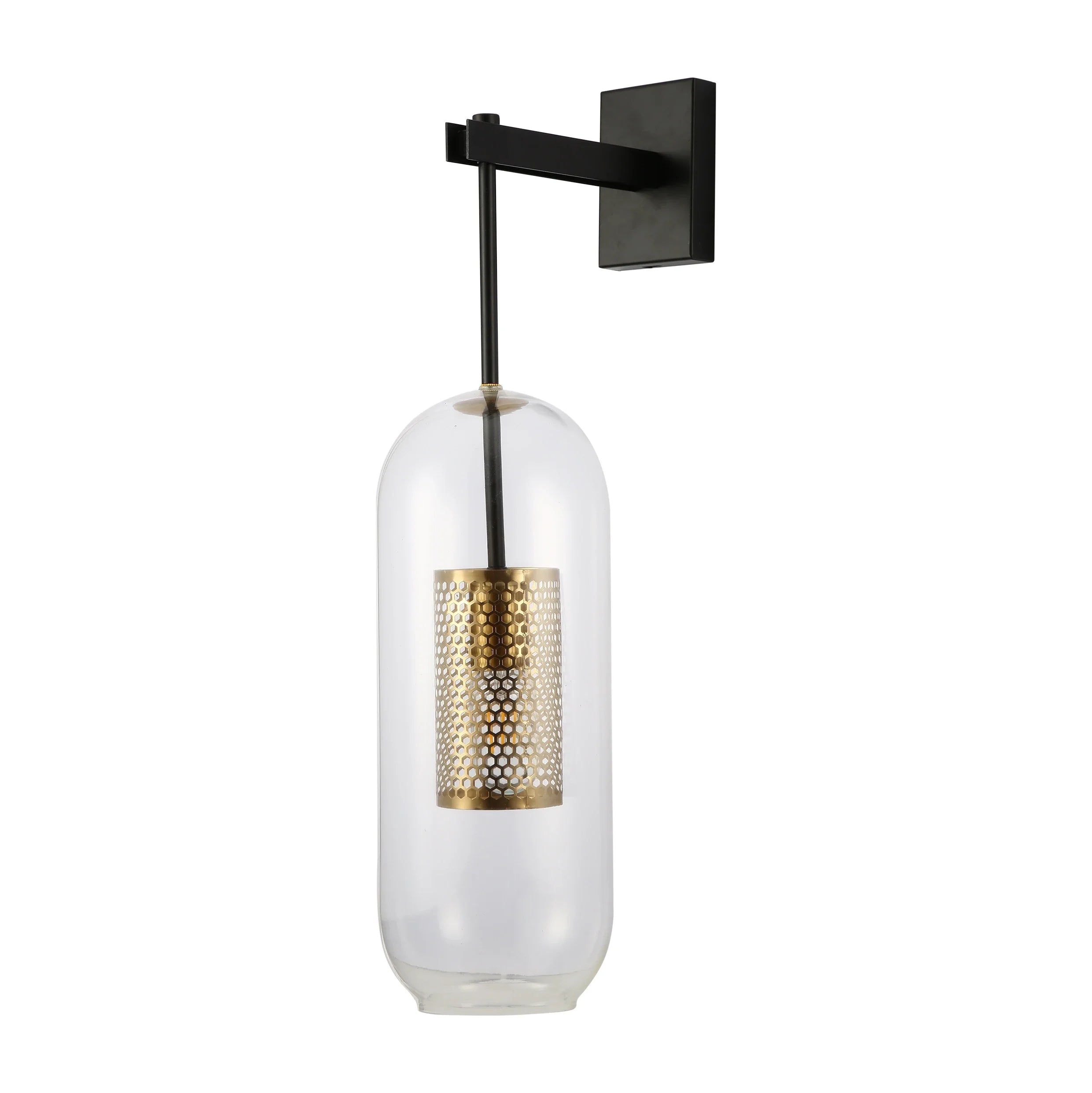Clear Cylinder Glass Gold Cage Black Body Wall Light E27 Fitting