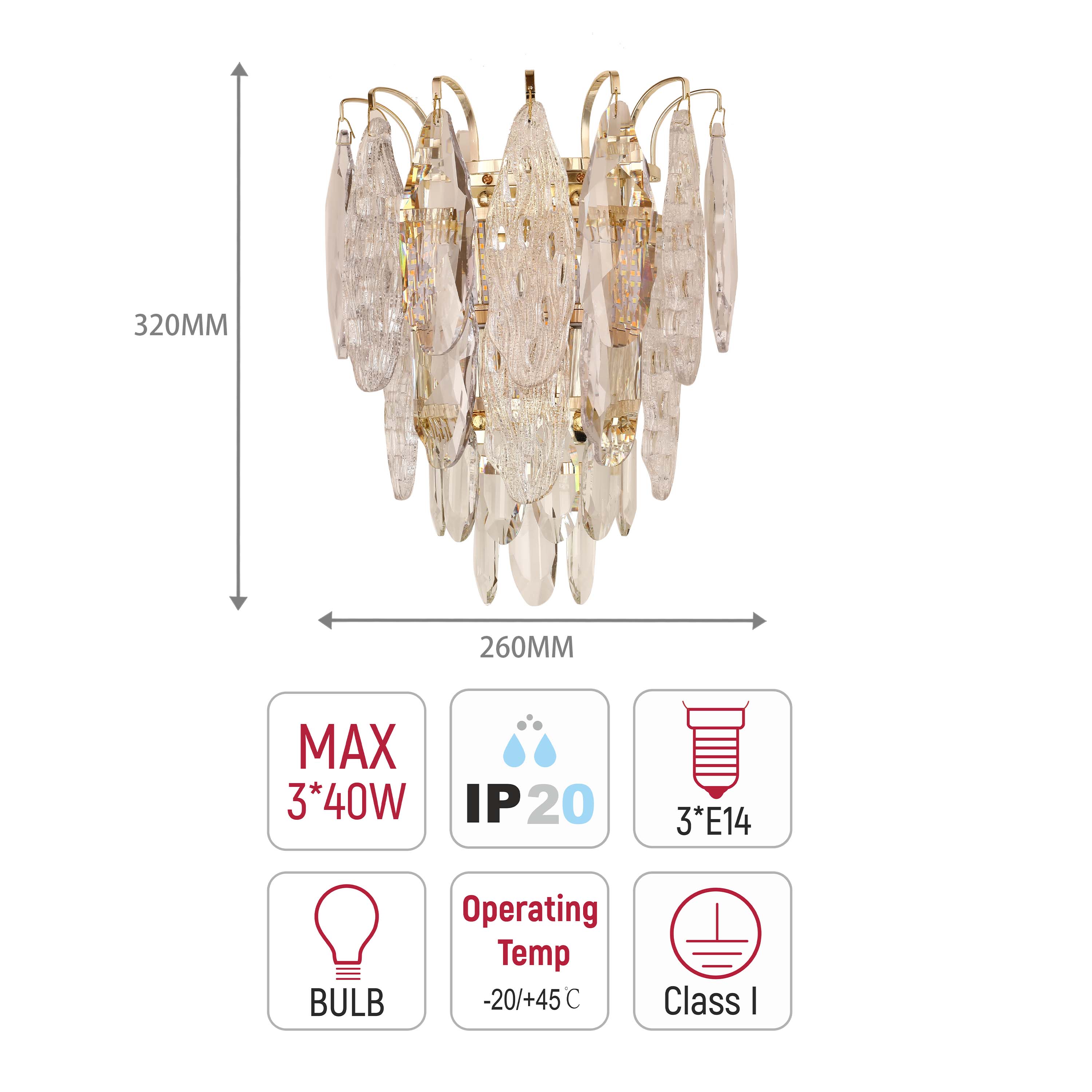 Elegant Gold Crystal Wall Sconce, 3-Light E14 Dimmable