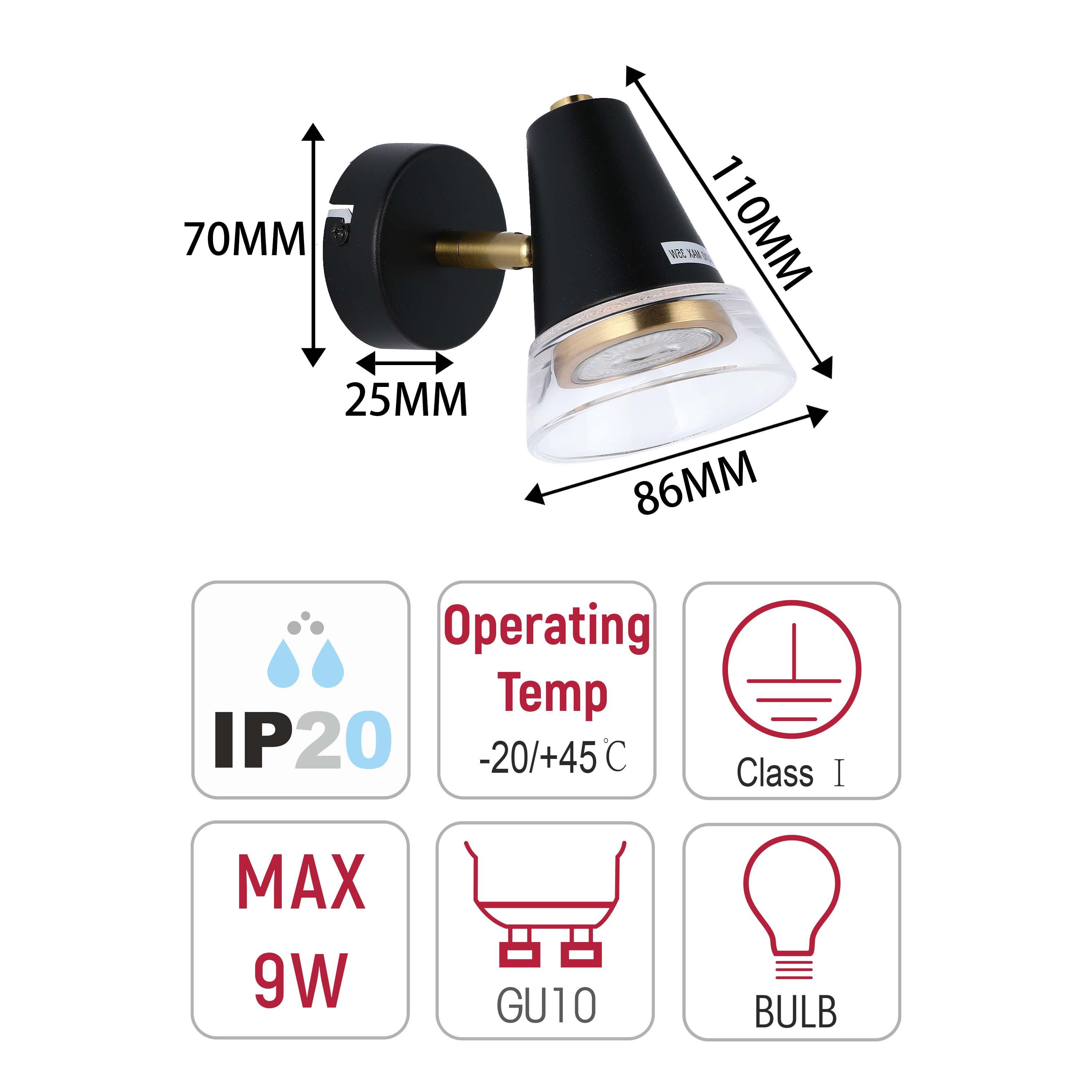 Modern Black & Brass Wall Sconce, 1-Light GU10 Dimmable