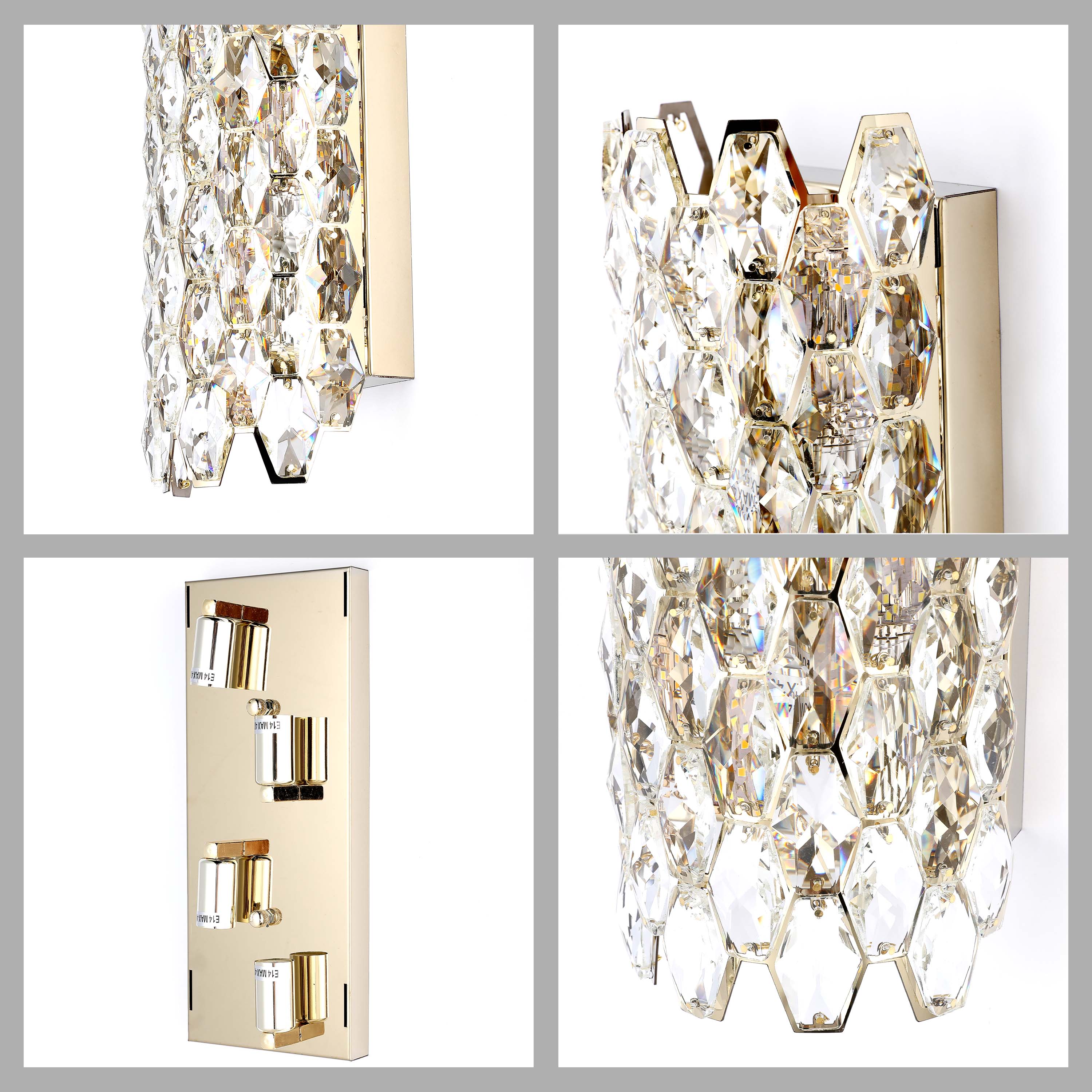 Premium Gold Crystal Deco Wall Sconce, E14 Dimmable