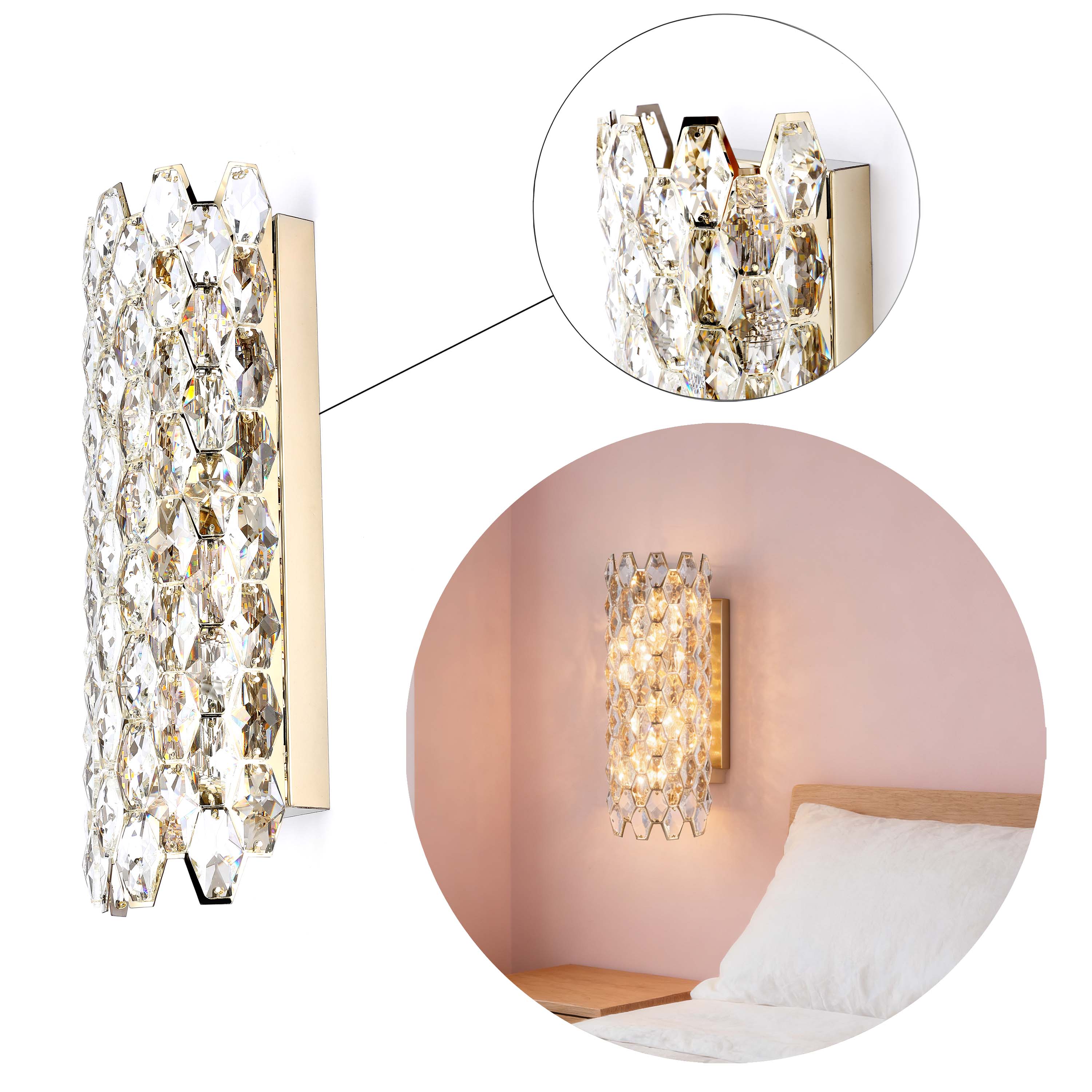Premium Gold Crystal Deco Wall Sconce, E14 Dimmable