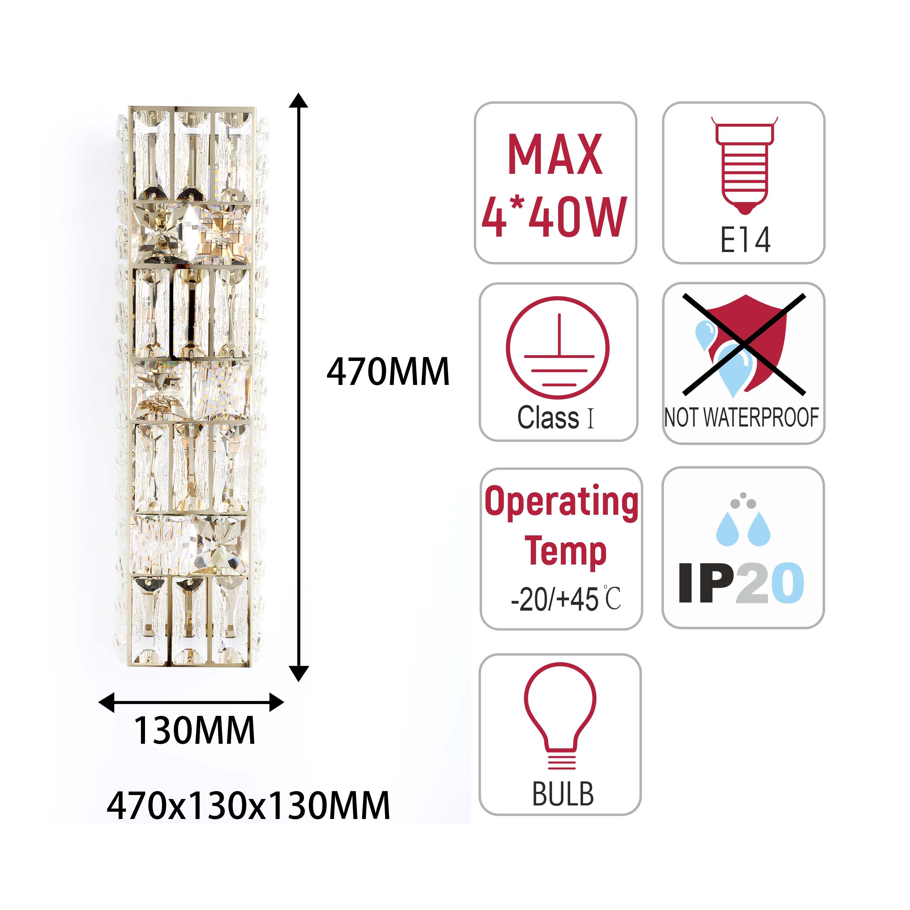 Premium Gold Geometric Crystal Wall Sconce, E14 Dimmable
