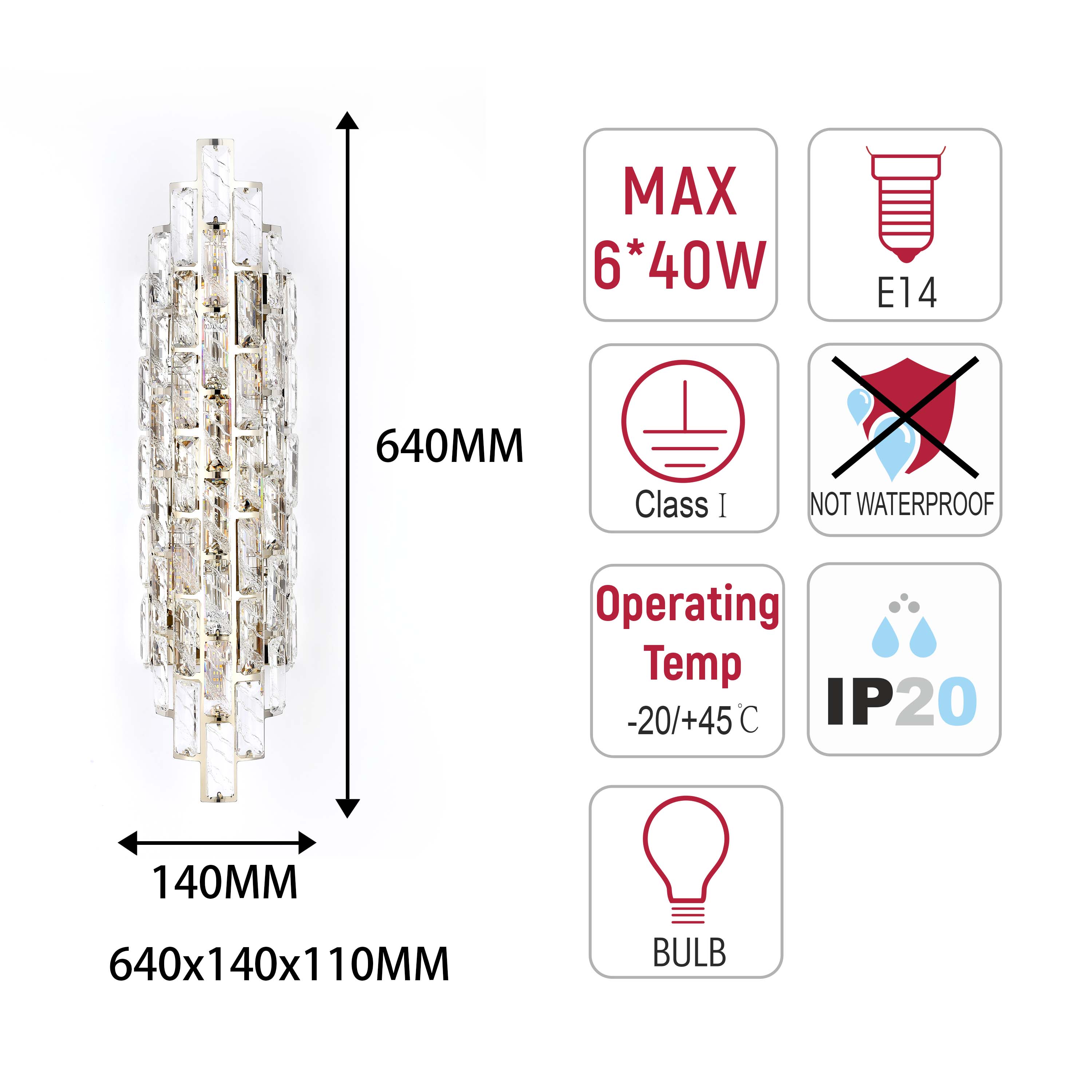 Premium Gold Tiered Crystal Wall Sconce, E14 Dimmable