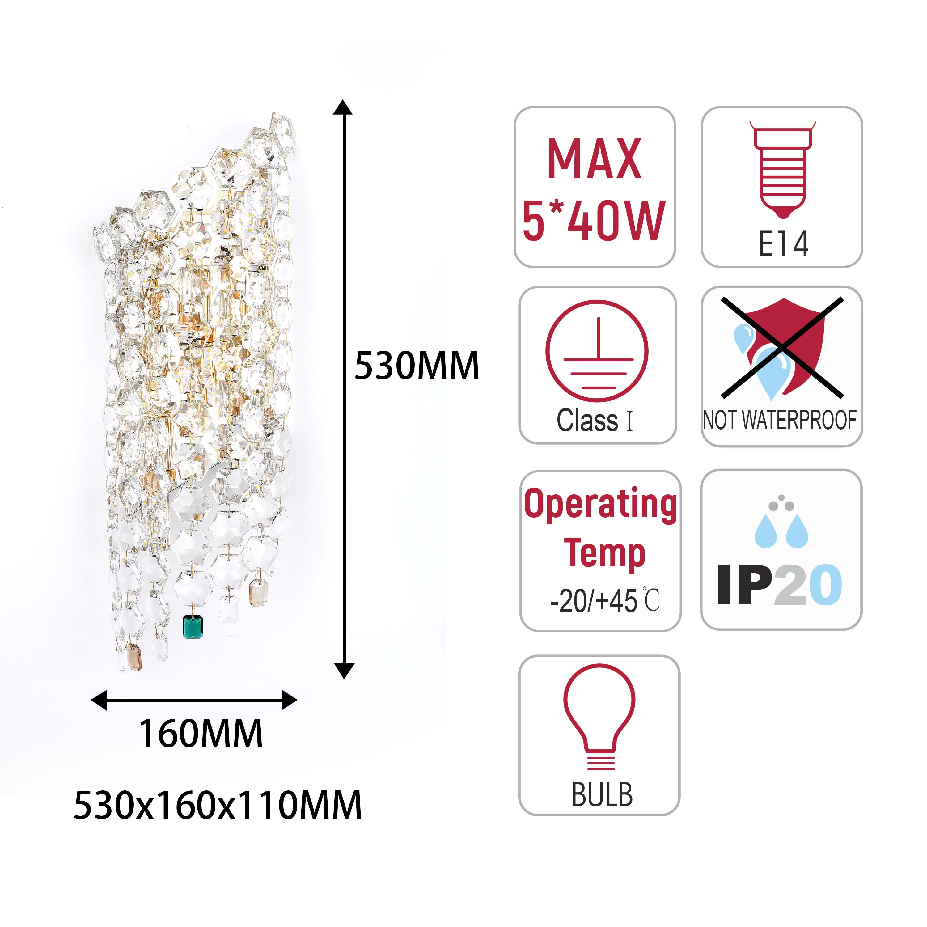 Premium Gold Tall Crystal Wall Sconce, 5-Light E14 Dimmable