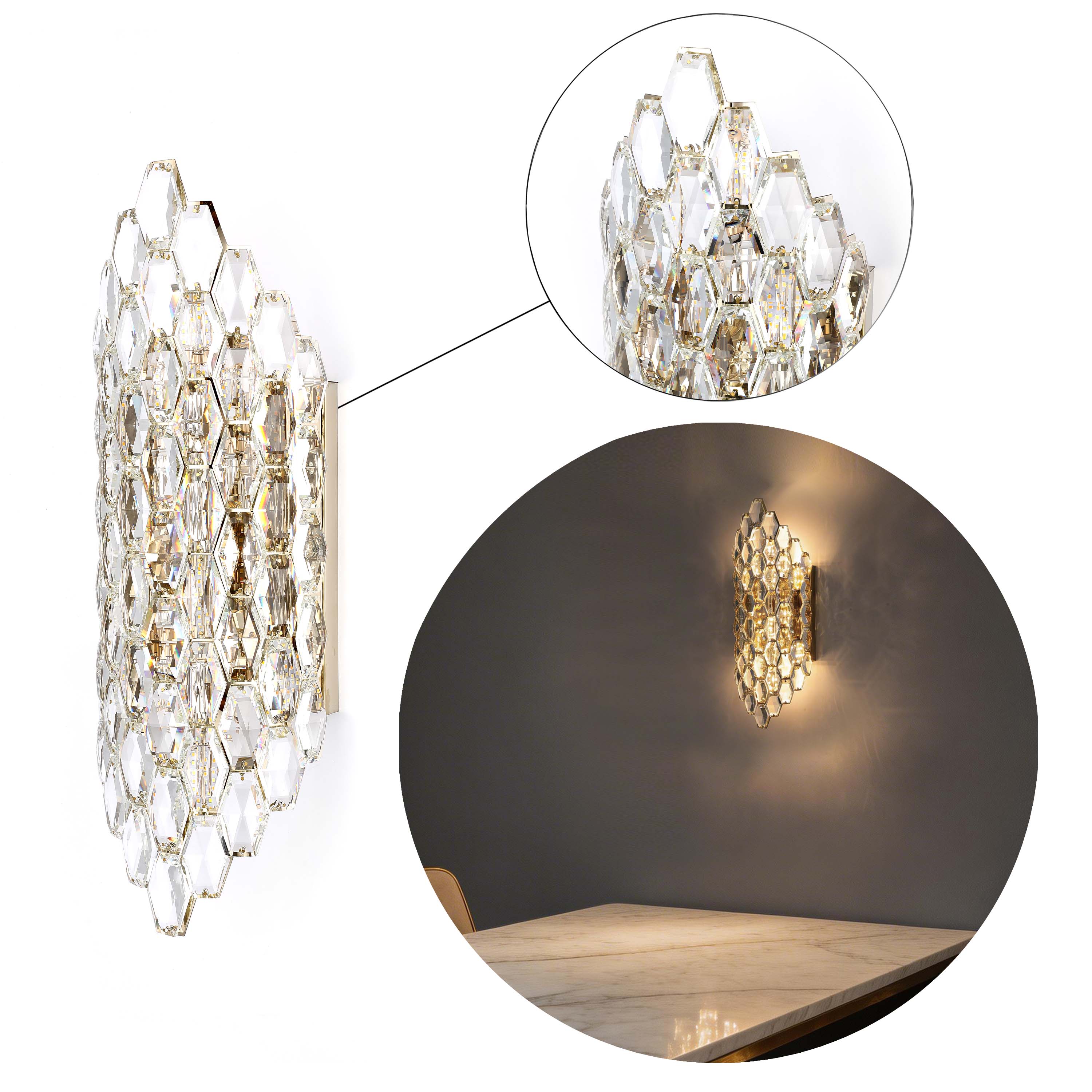 Premium Gold Shield Crystal Wall Sconce, E14 Dimmable