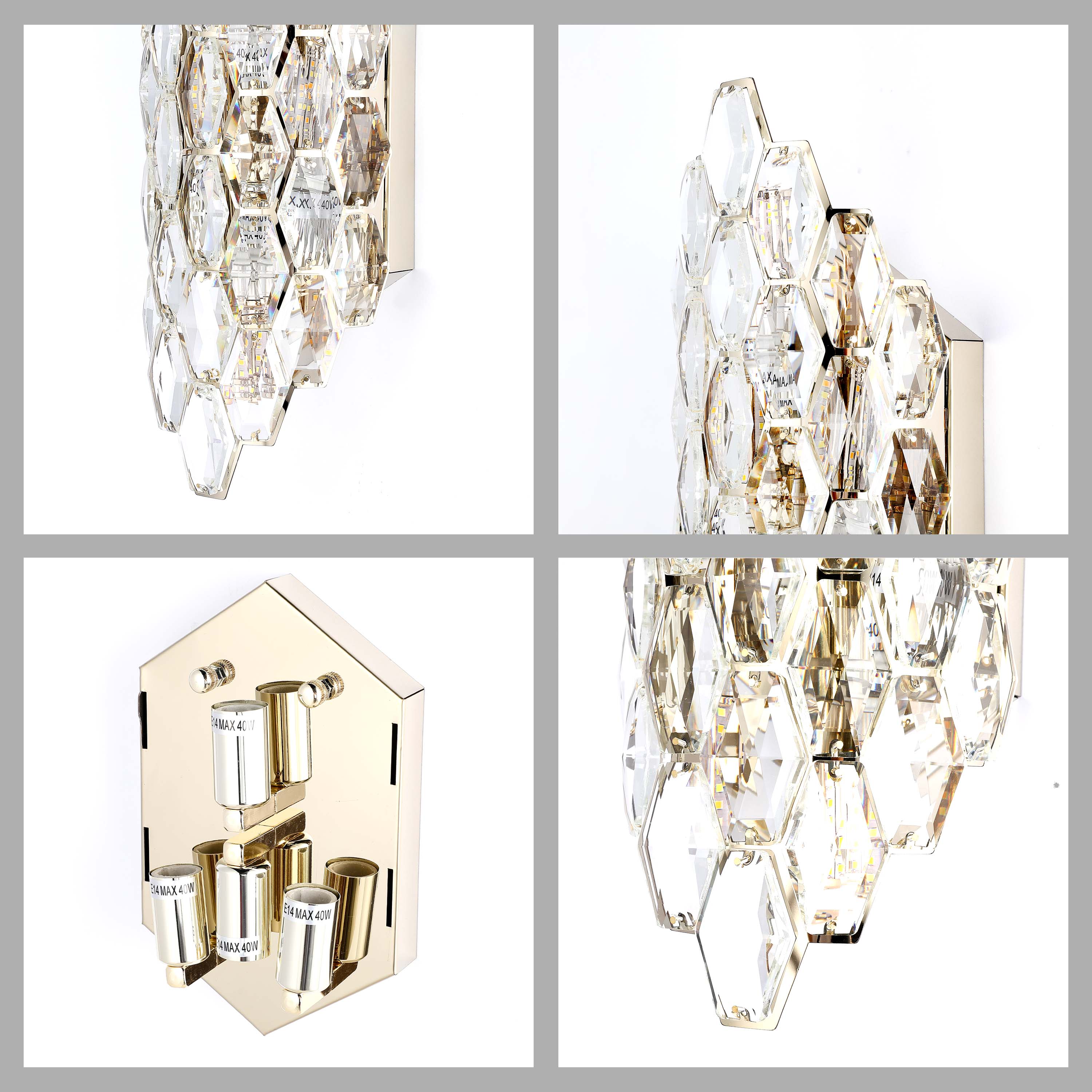Premium Gold Shield Crystal Wall Sconce, E14 Dimmable