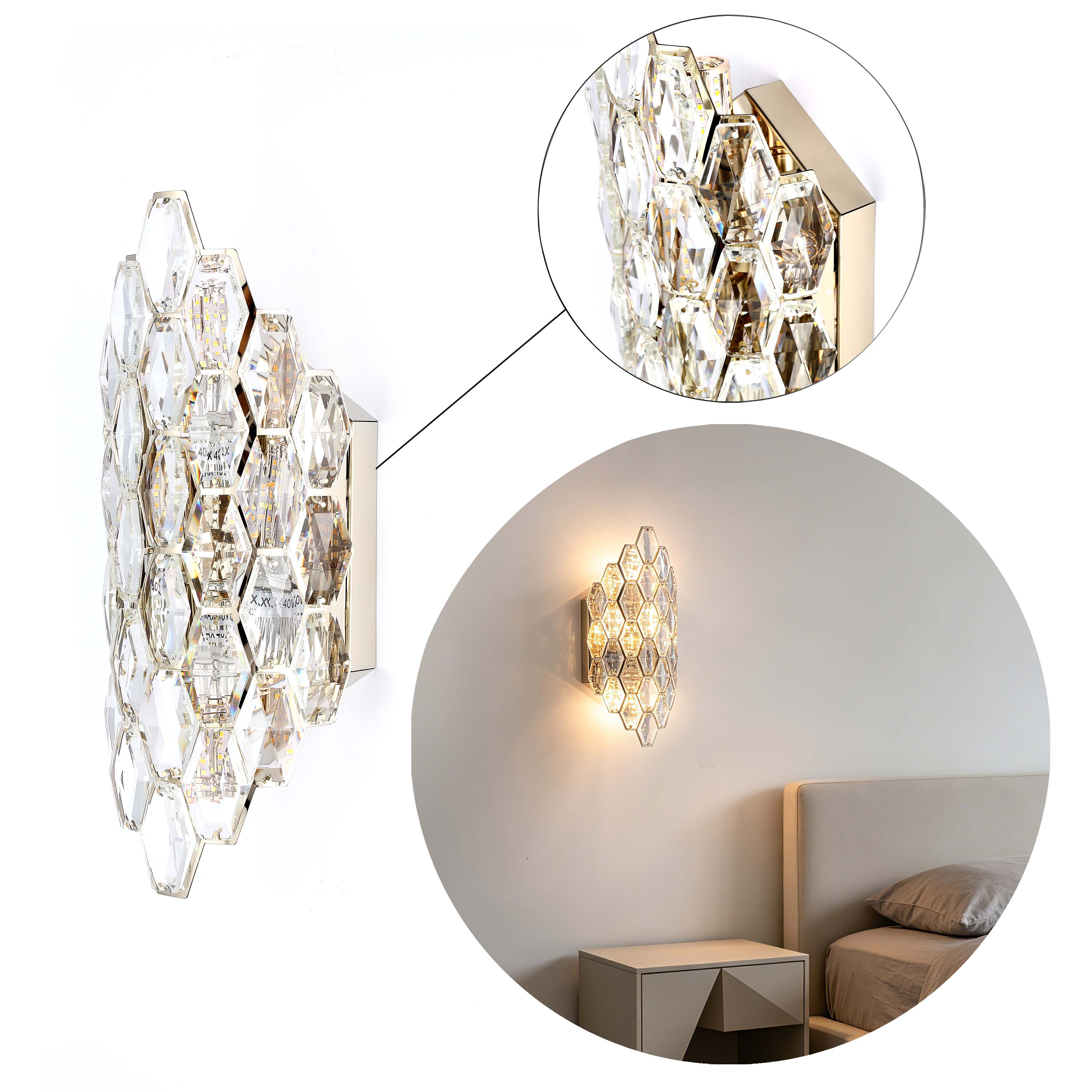 Premium Gold Shield Crystal Wall Sconce, E14 Dimmable