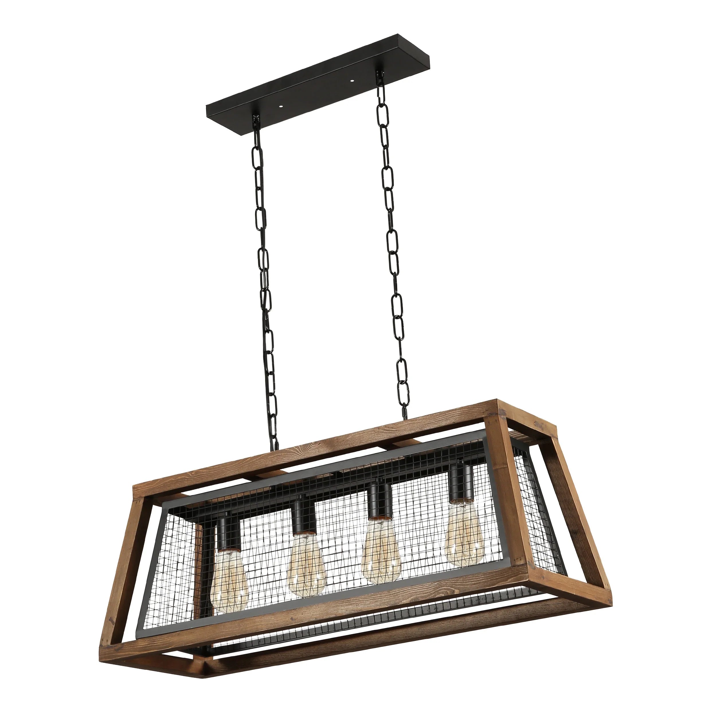 Black Metal Old Wood Cuboid Island Chandelier Ceiling Light 4xE27