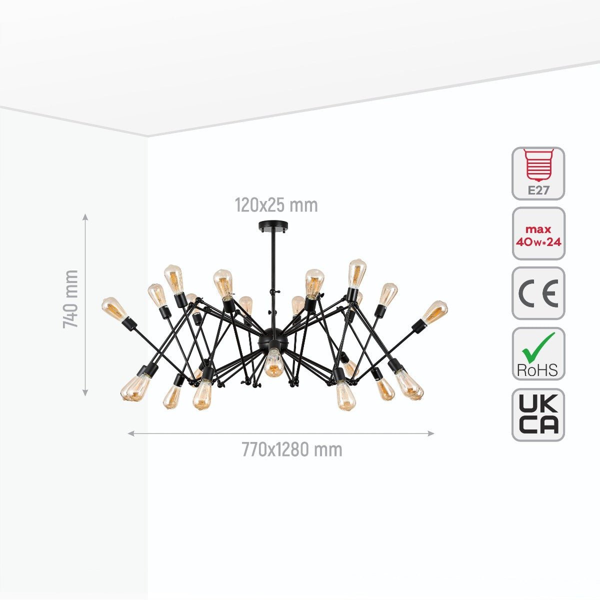 Product dimensions of black hinged rod metal spider chandelier with 24xe27 fitting 158-17589