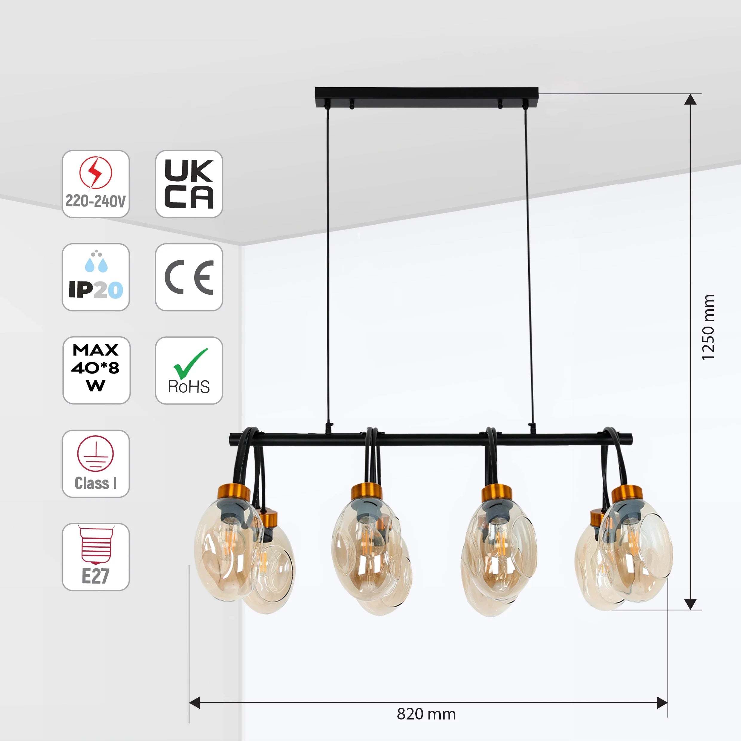 Amber Glass Black Metal Island Chandelier Ceiling Light 8xE27