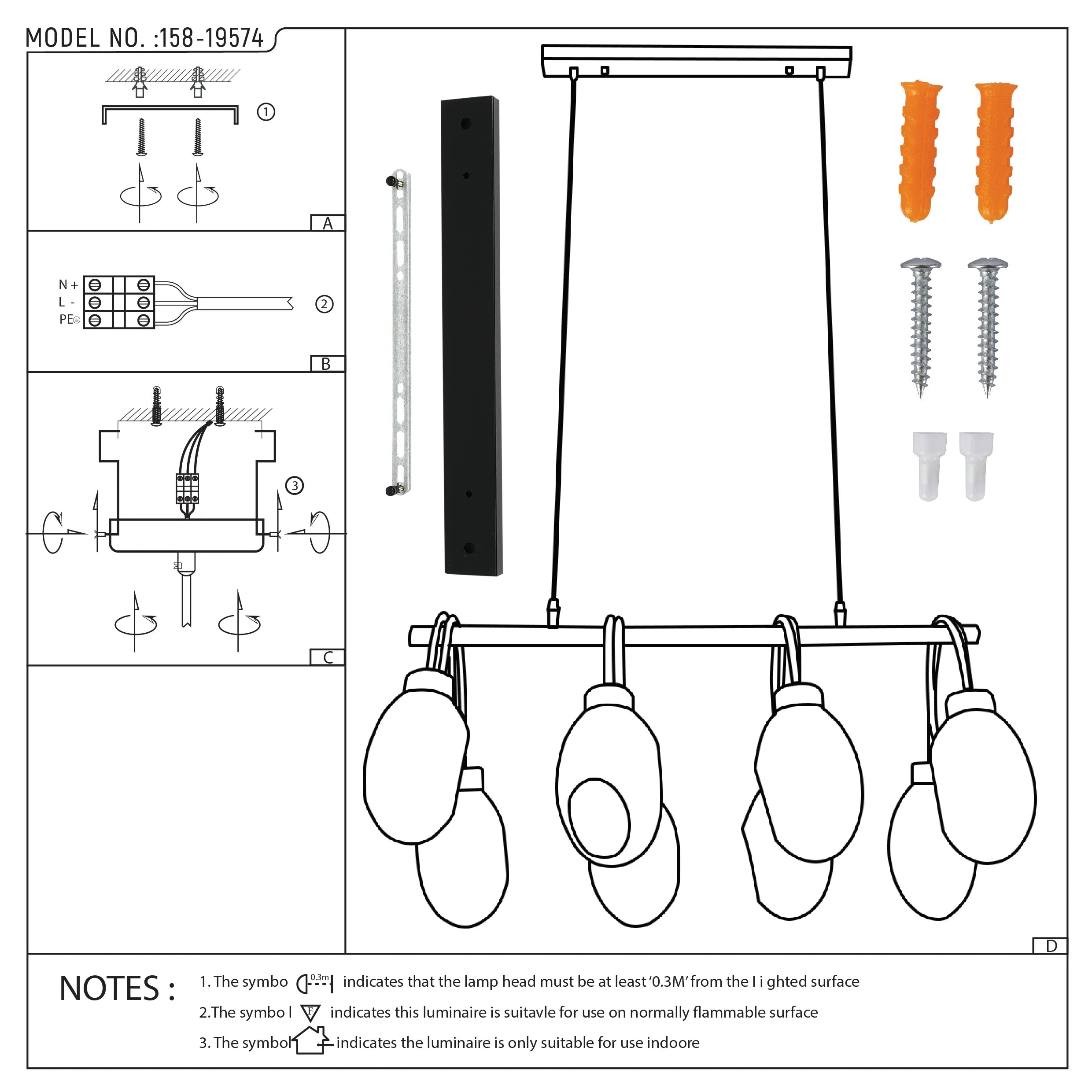 Amber Glass Black Metal Island Chandelier Ceiling Light 8xE27