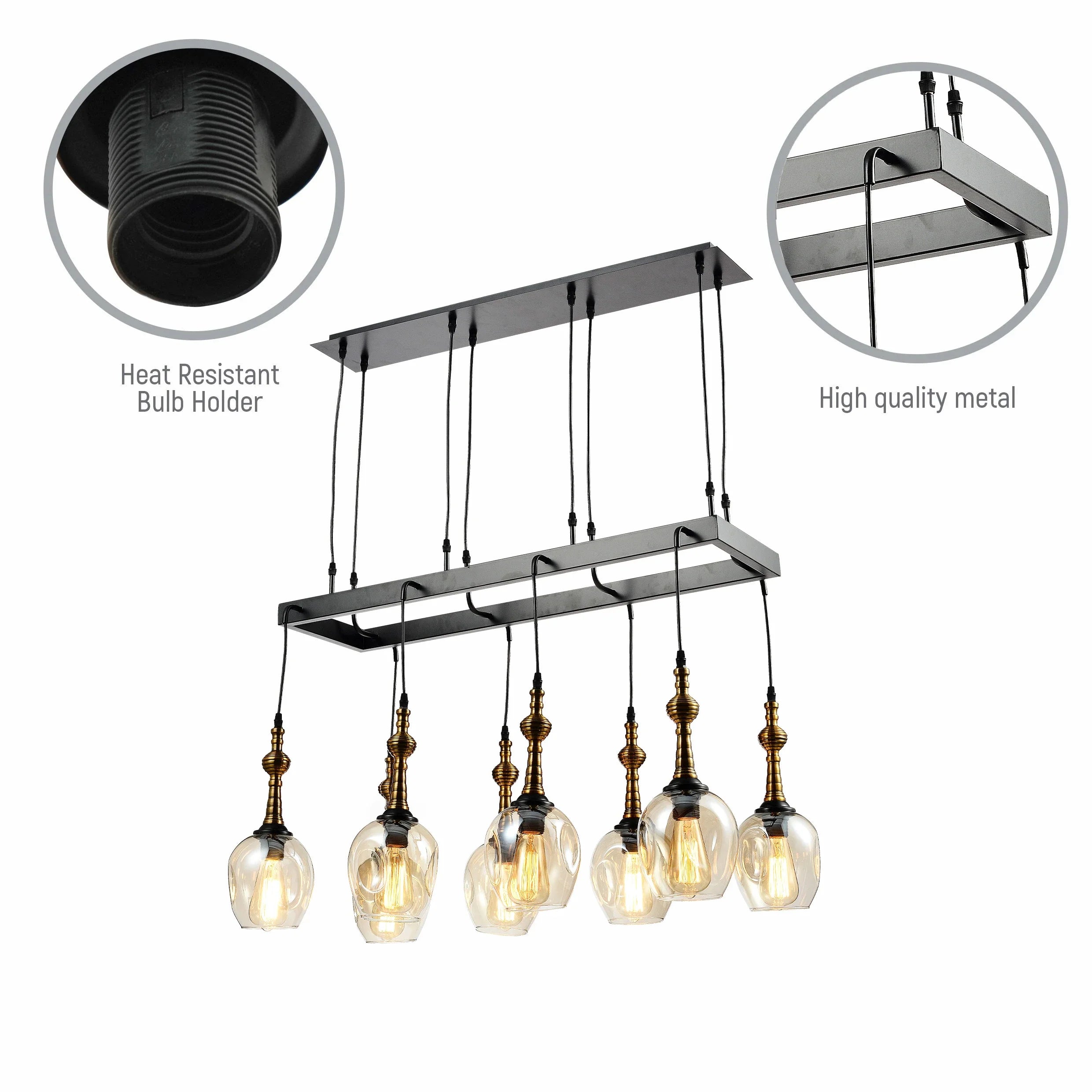 Amber Cone Glass Black Metal Island Ceiling Chandelier Light 8xE27