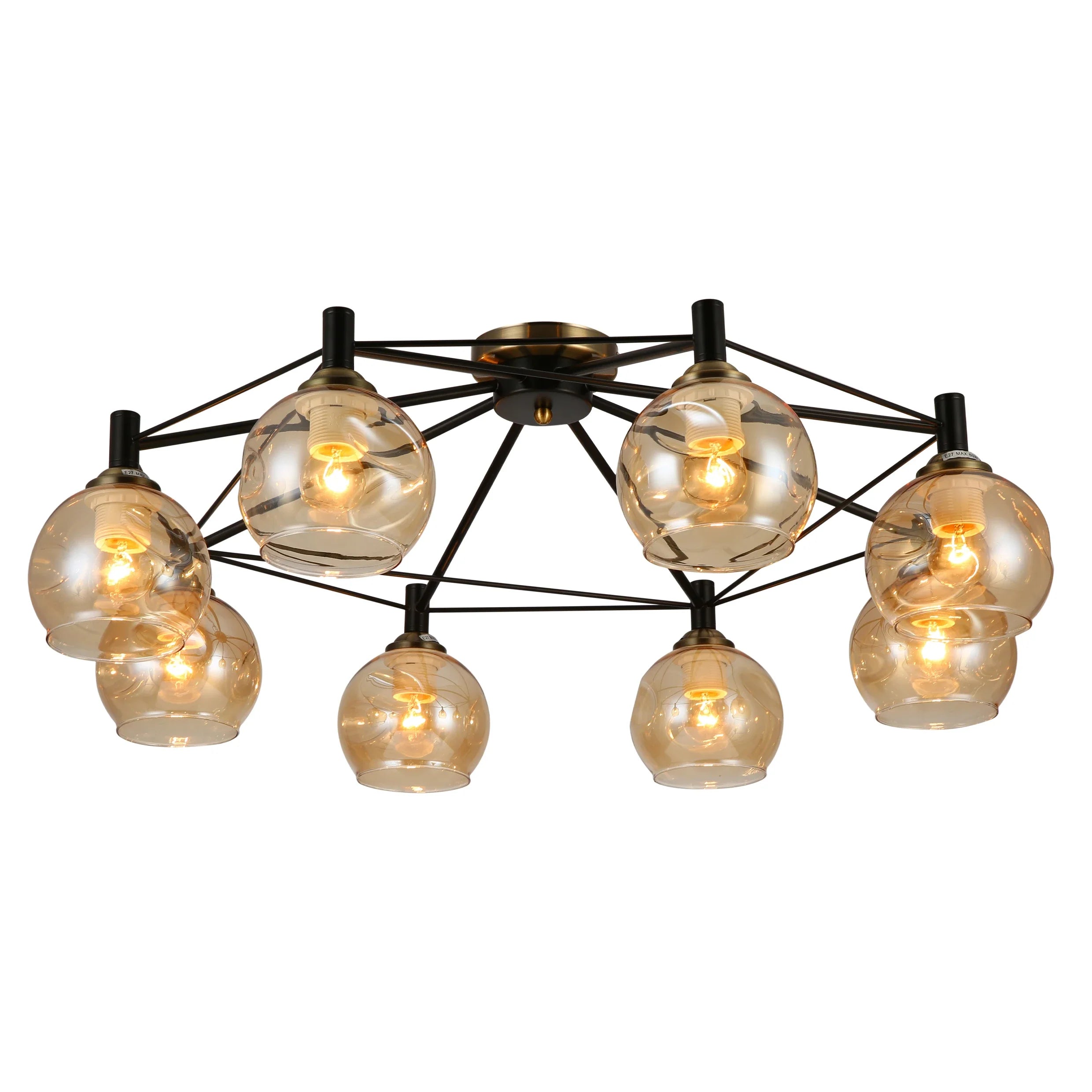 Amber Bell Glass Black Metal Semi Flush Ceiling Light