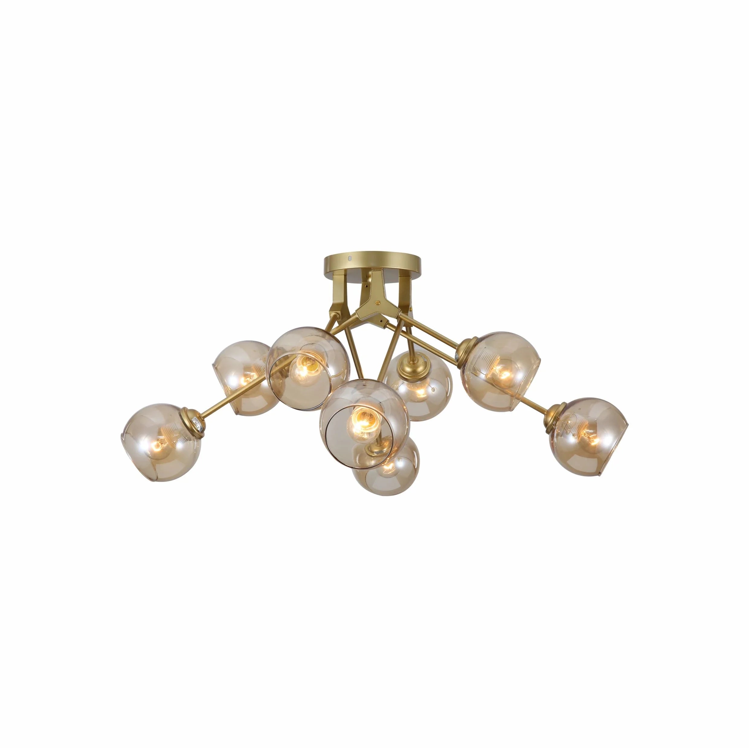 Amber Glass Dome Gold Aluminium Bronze Wishbone Semi Flush Ceiling Light E27