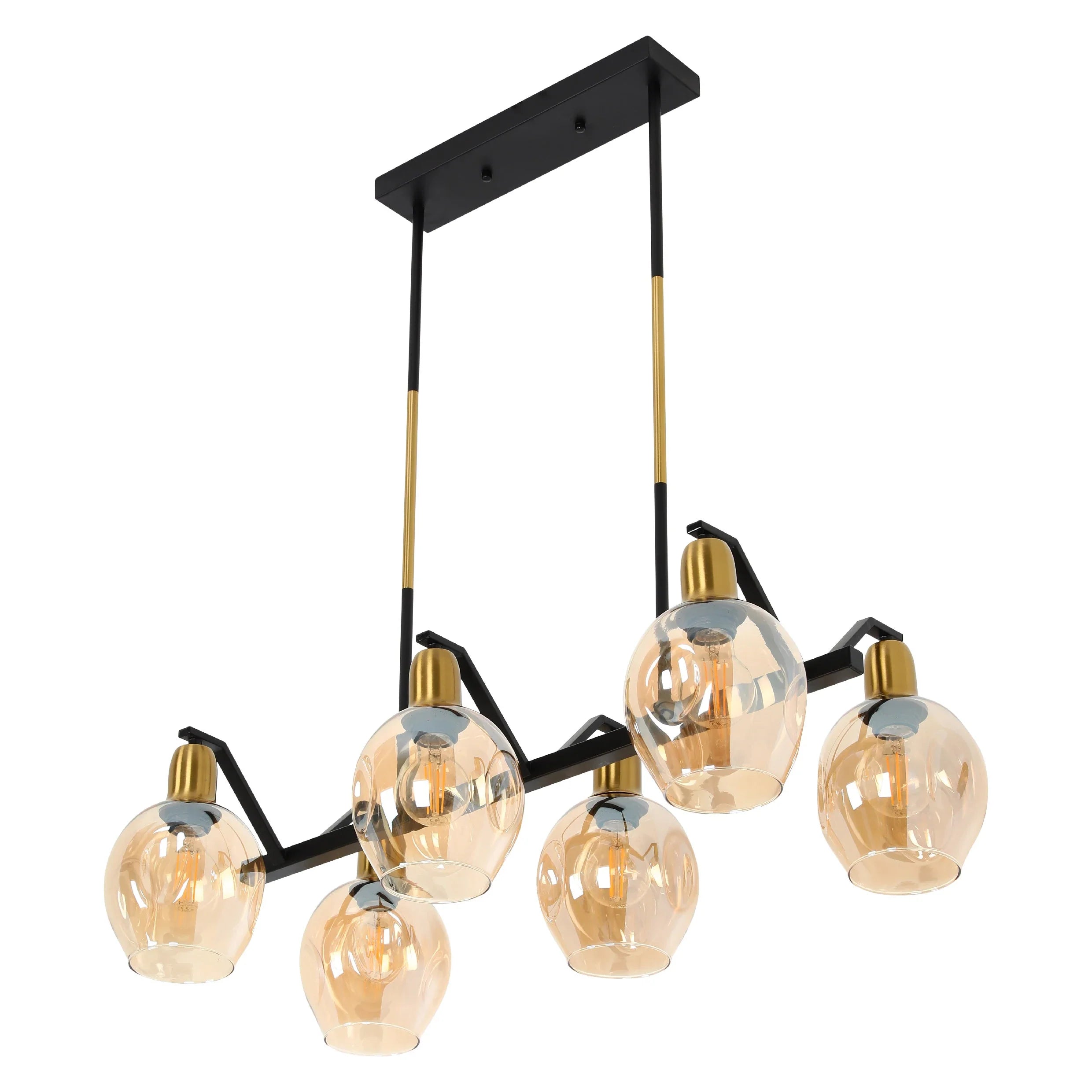 Amber Cone Glass Black Gold Metal Body Island Chandelier Ceiling Light 6xE27 Fitting