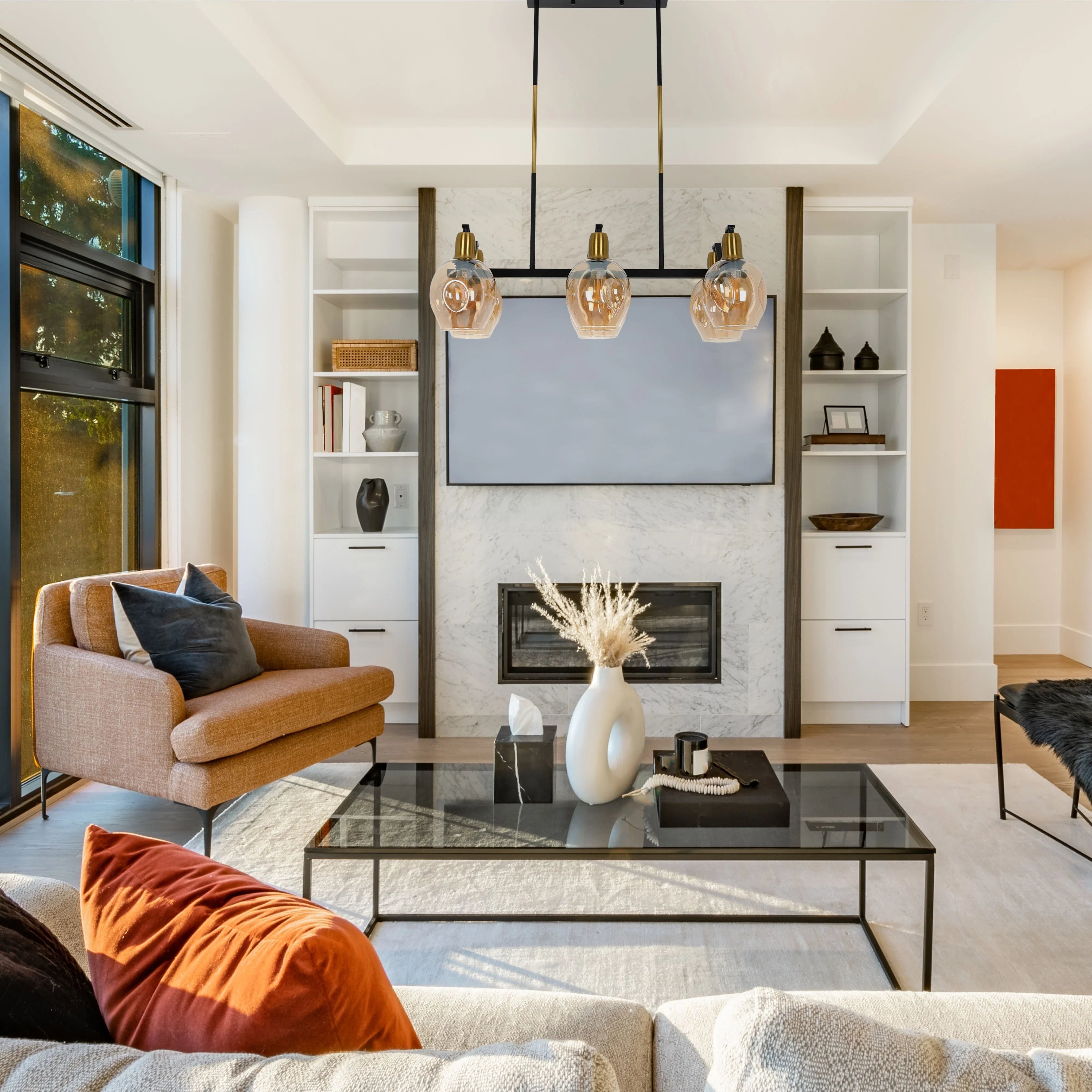 Amber Cone Glass Black Gold Metal Body Island Chandelier Ceiling Light 6xE27 Fitting