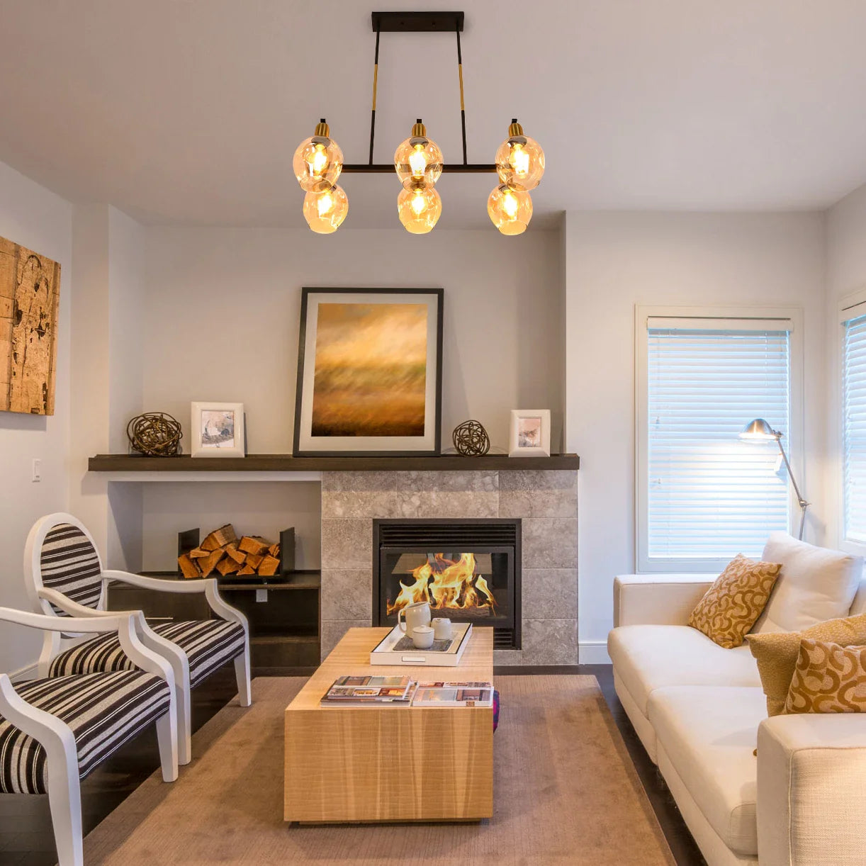 Amber Cone Glass Black Gold Metal Body Island Chandelier Ceiling Light 6xE27 Fitting