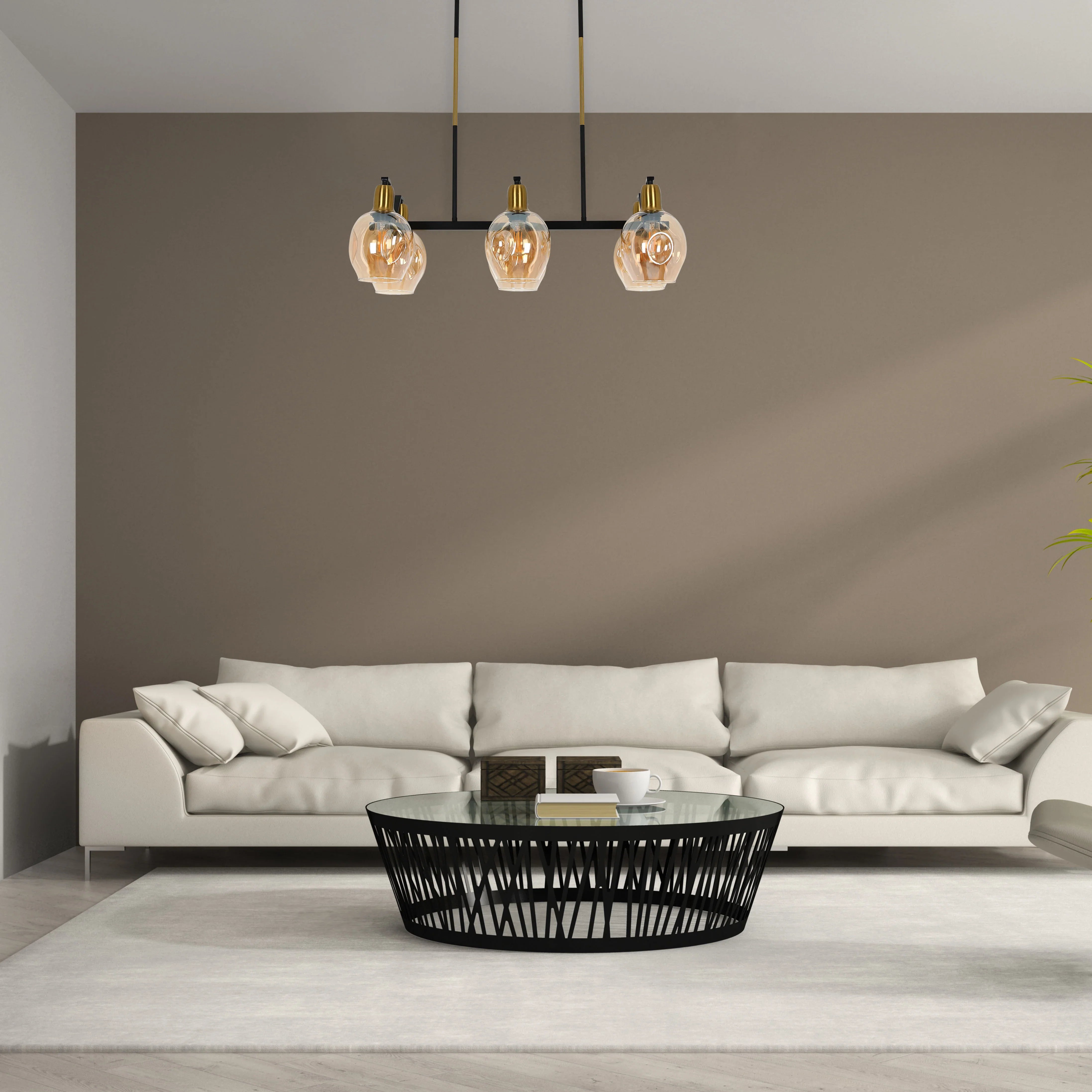 Amber Cone Glass Black Gold Metal Body Island Chandelier Ceiling Light 6xE27 Fitting