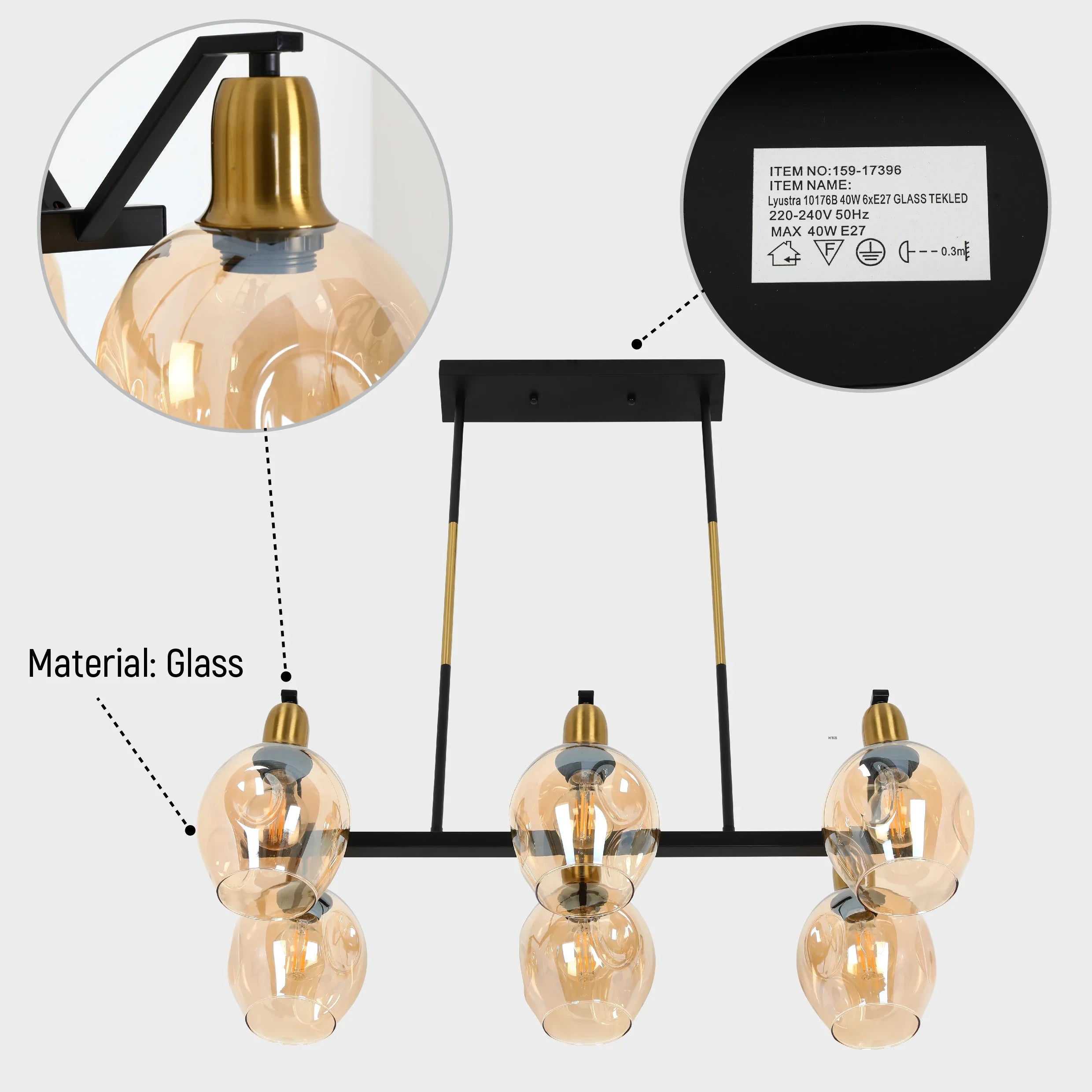 Amber Cone Glass Black Gold Metal Body Island Chandelier Ceiling Light 6xE27 Fitting