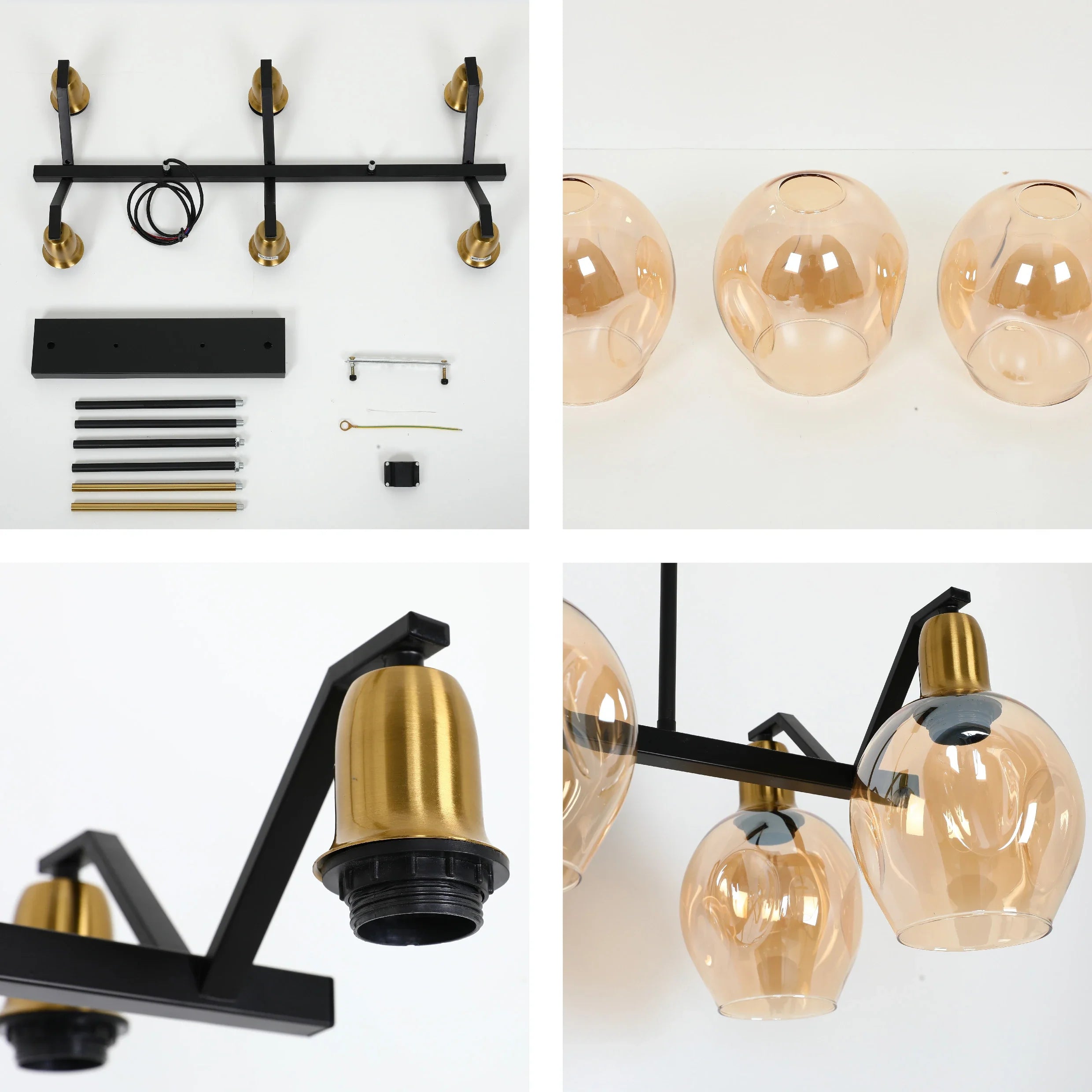 Amber Cone Glass Black Gold Metal Body Island Chandelier Ceiling Light 6xE27 Fitting