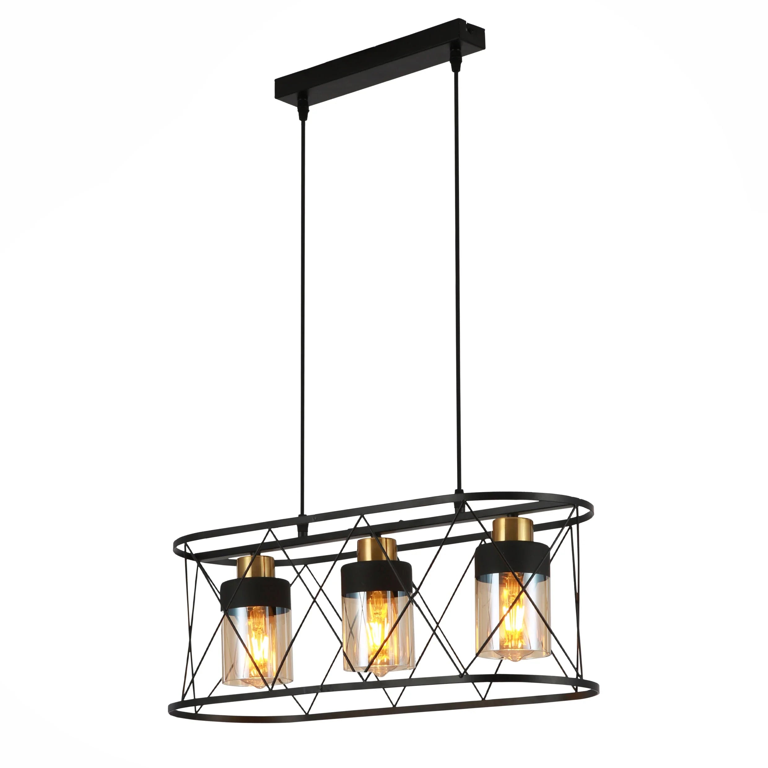 Black Cage Metal Amber Cylinder Glass Island Chandelier Ceiling Light 3xE27s