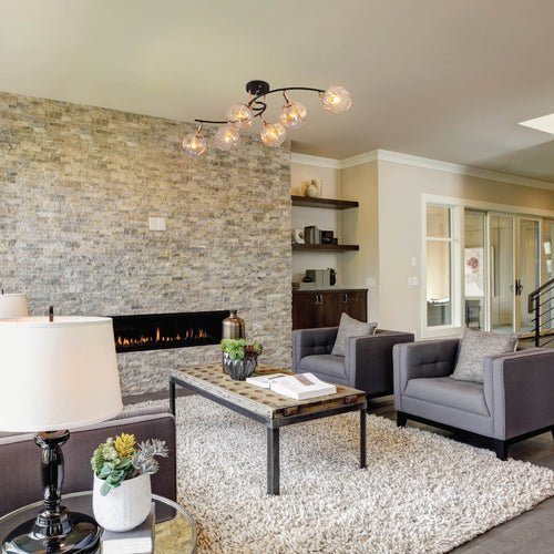 More interior usage of Amber Reeded Globe Glass Black Gold Metal Body Vintage Retro Semi Flush Ceiling Light with E27 Fittings | TEKLED 159-17734 living room