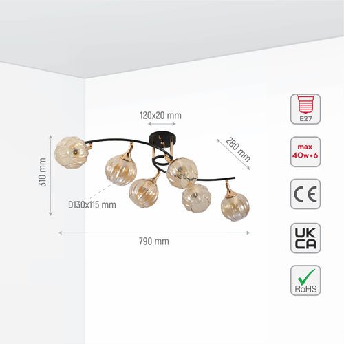 Size and specs of Amber Reeded Globe Glass Black Gold Metal Body Vintage Retro Semi Flush Ceiling Light with E27 Fittings | TEKLED 159-17734