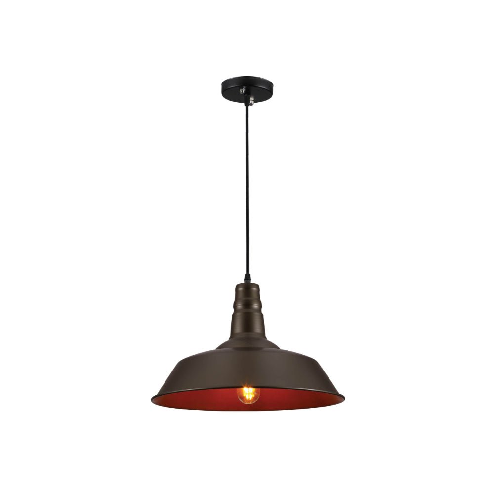 Industrial-style pendant light with a brown shade and red interior, suspended from a black ceiling fixture.