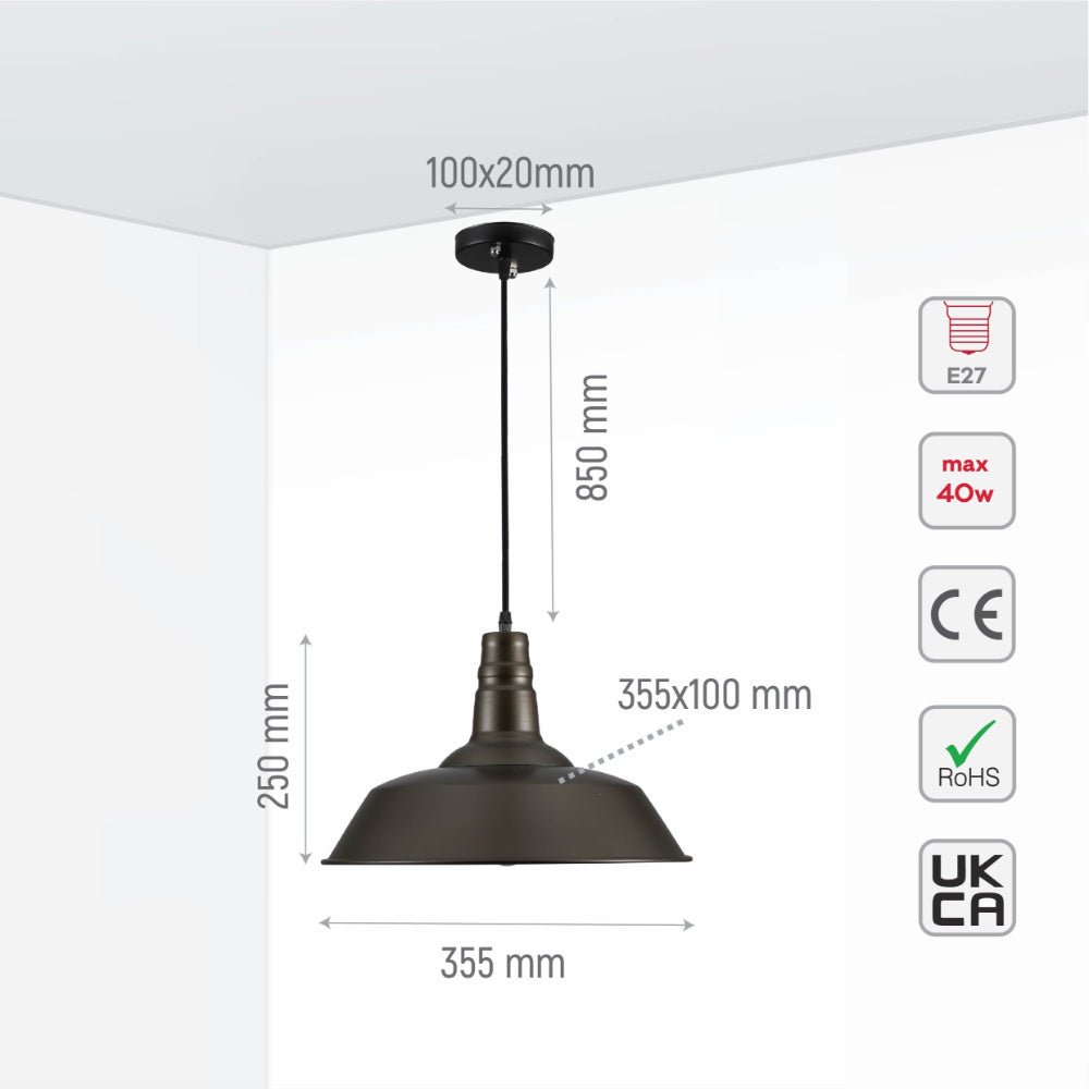 Pendant light with bronze shade. Shows product dimensions, E27 fitting, and RoHS, CE and UKCA compliance.