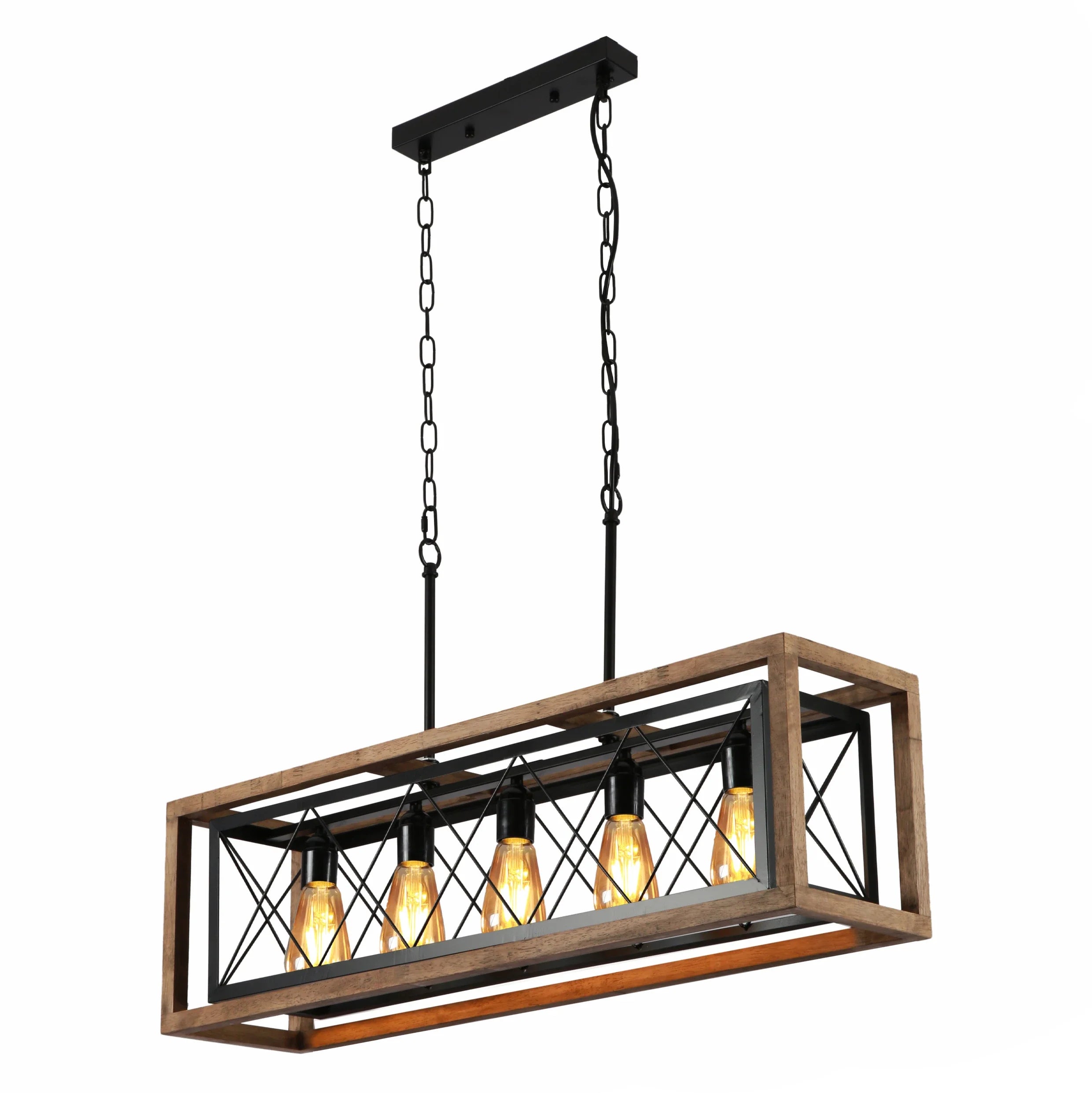 Black Metal Cage Old Wood Cuboid Kitchen Island Chandelier Ceiling Light 5xE27