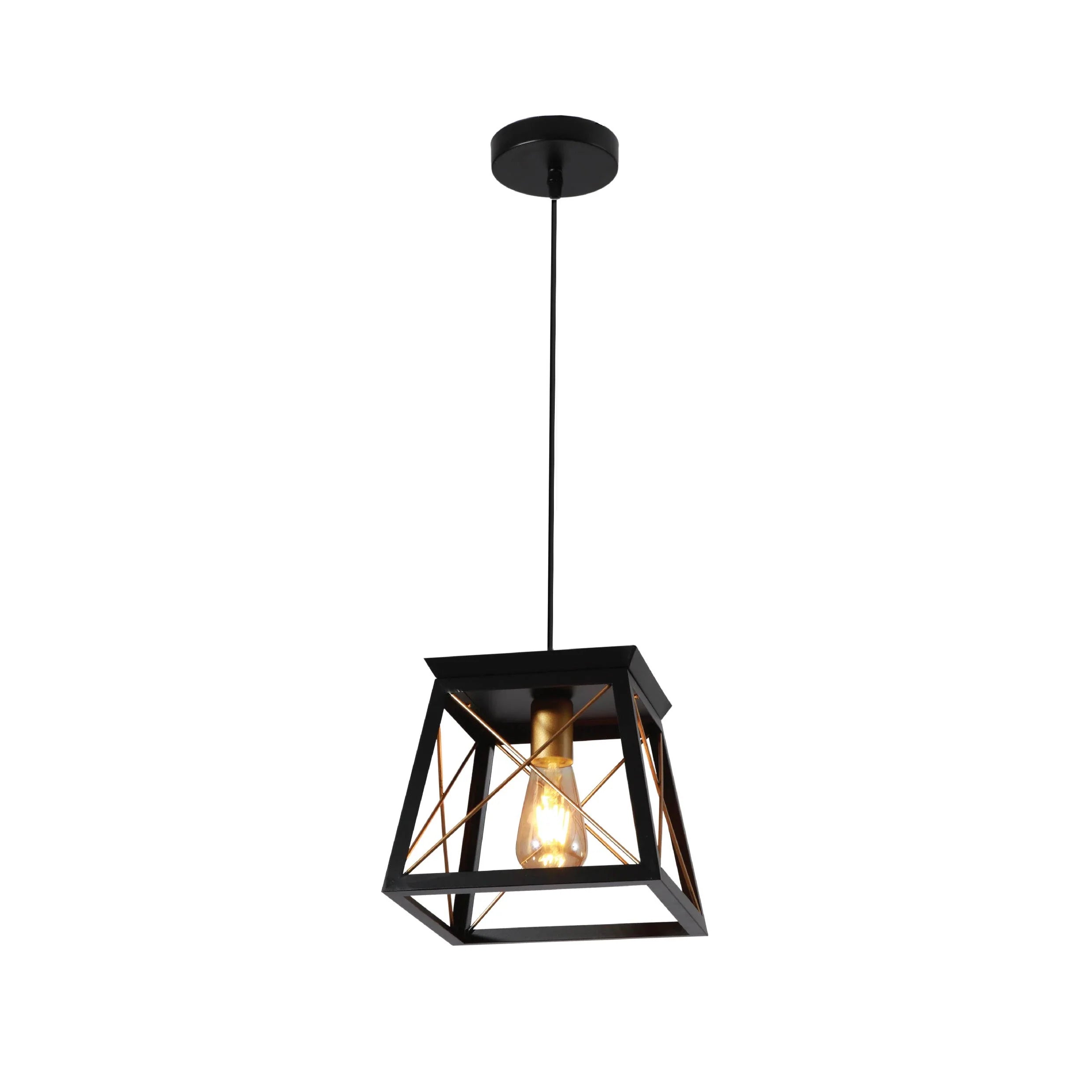 Black Gold Caged Industrial Retro Square Pendant Ceiling Light E27