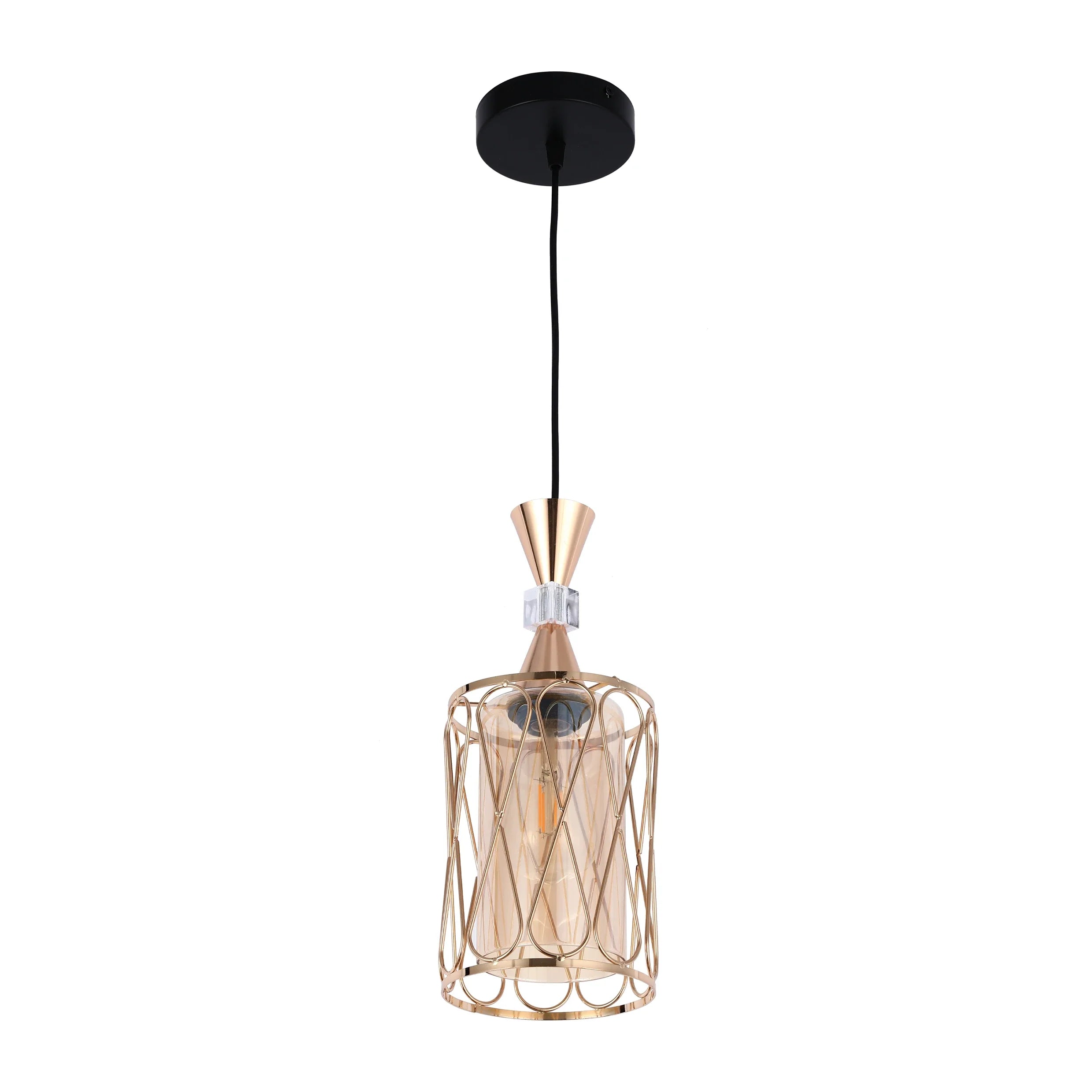 Amber and Gold Cage Modern Cylindrical Pendant Light E27