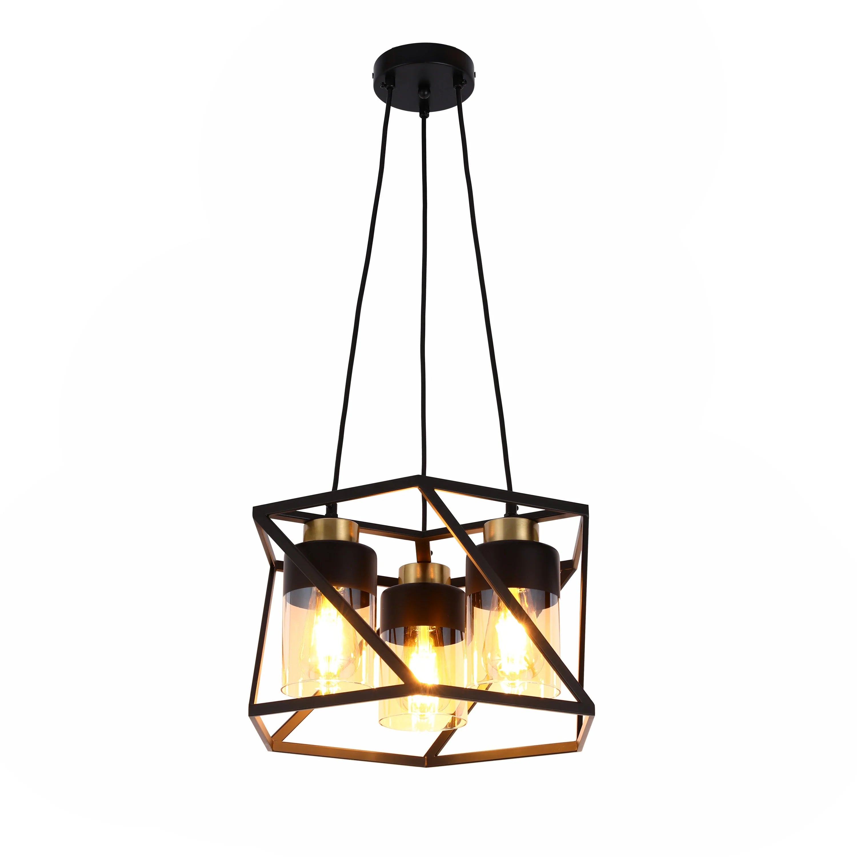 3-Light Black & Gold Pendant Light with Cylinder Amber Glass Shades